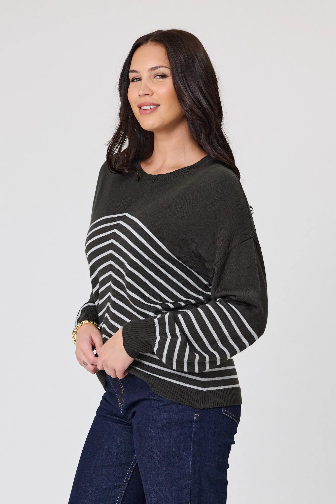 Alpine by Shine On Edmonton Chevron Stripe Jumper Olive Grey