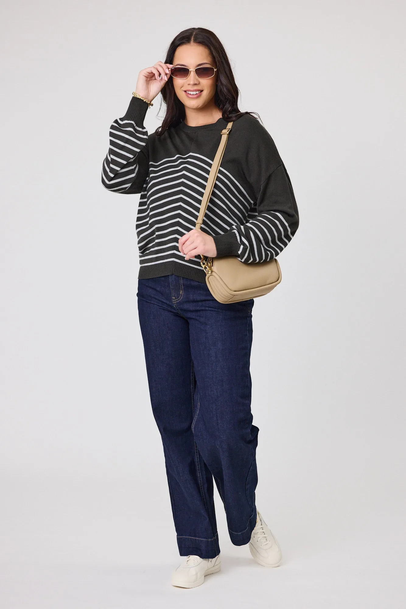 Alpine by Shine On Edmonton Chevron Stripe Jumper Olive Grey