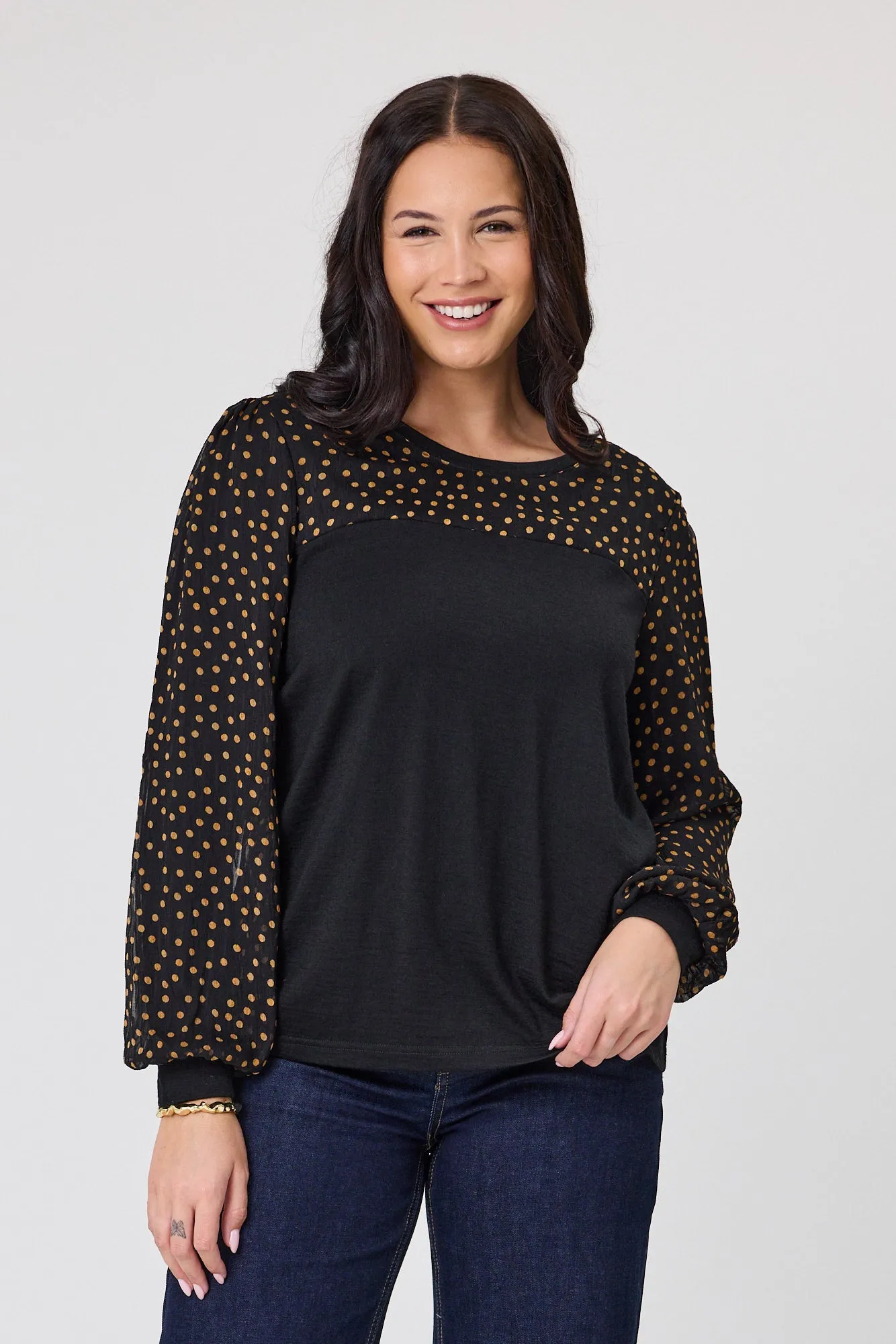 Alpine by Shine On Evelyn Contrast Top Black with Gold Spot Print