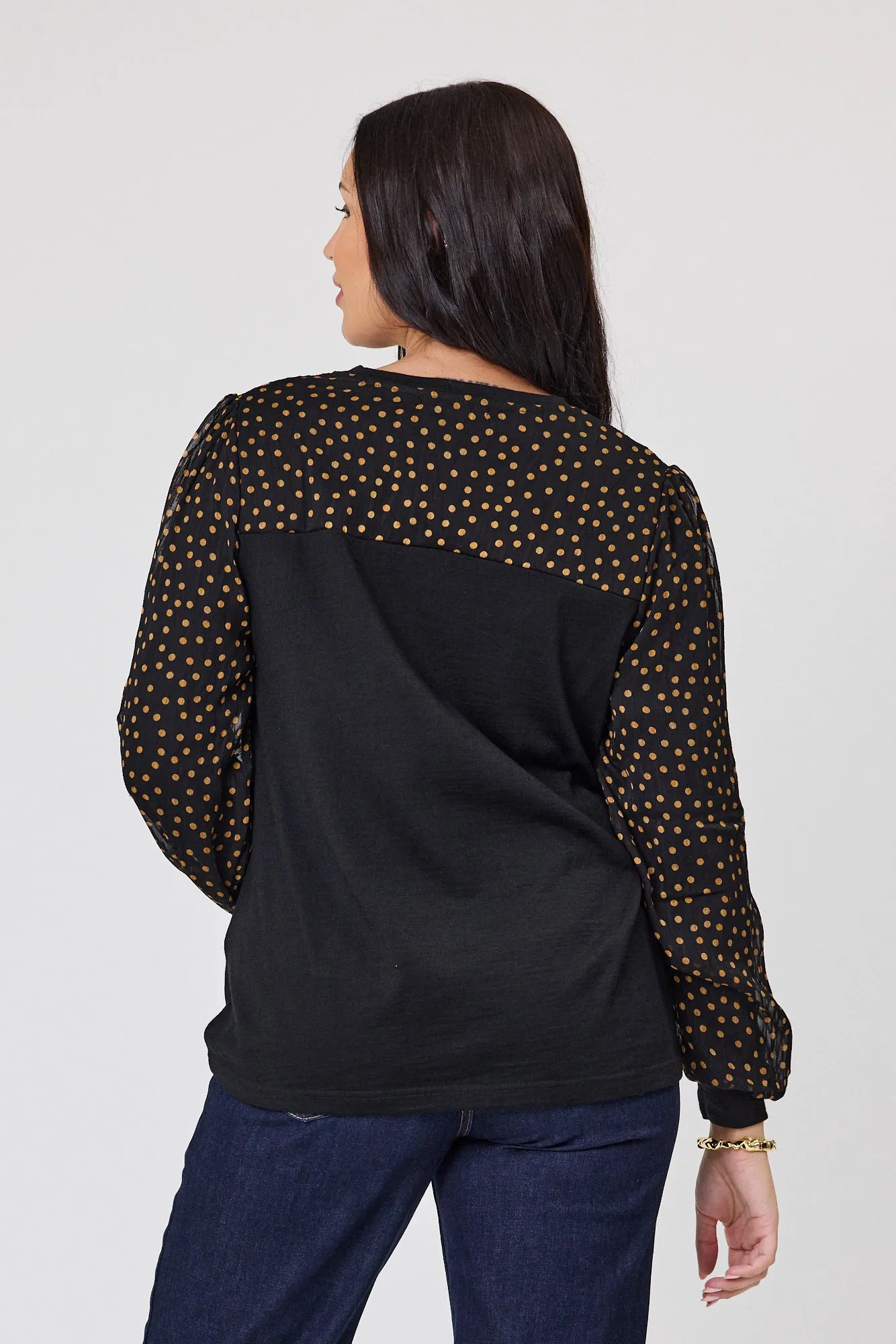 Alpine by Shine On Evelyn Contrast Top Black with Gold Spot Print