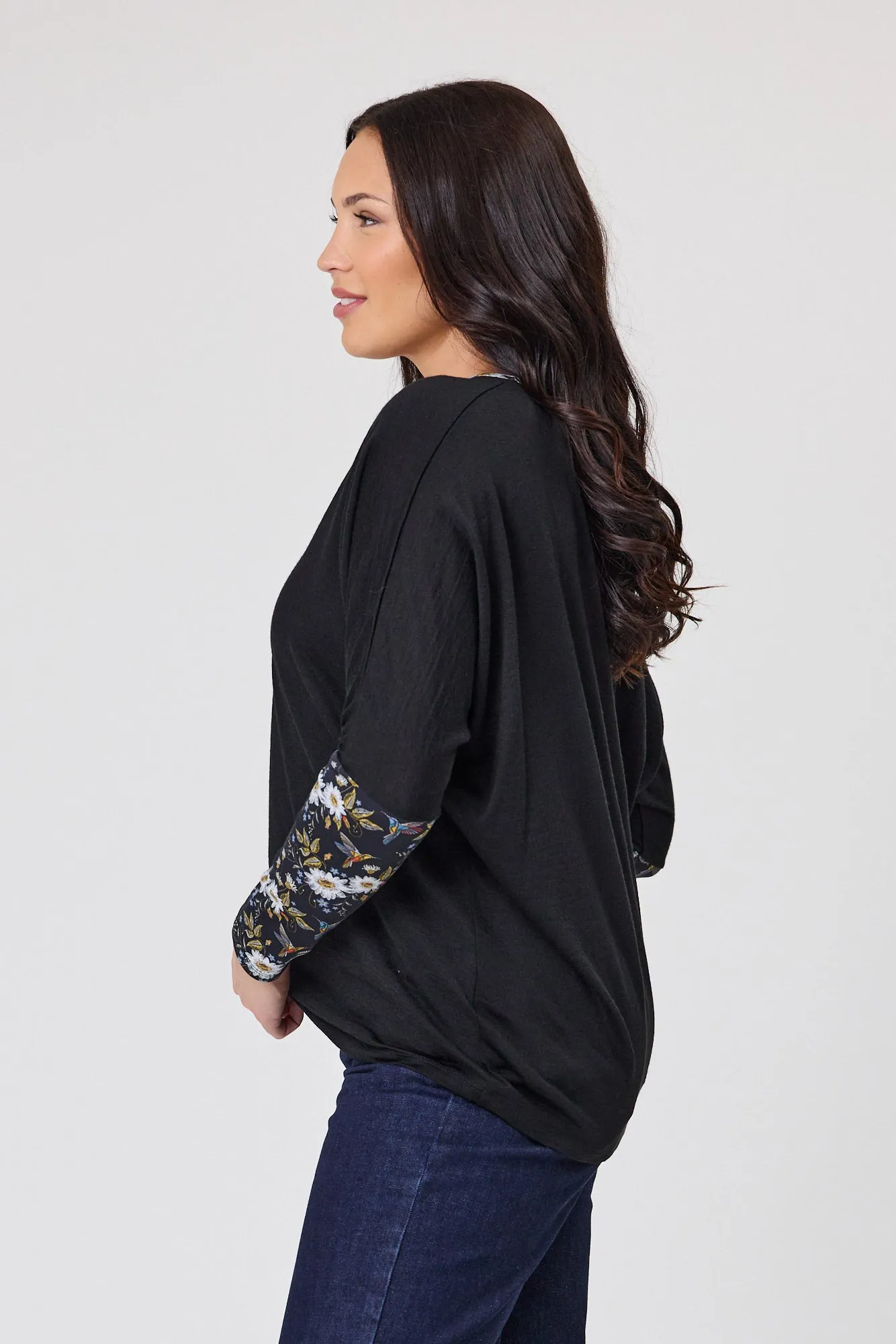 Alpine by Shine On Lyon Merino Hilo Top Black with Floral Print Sleeves