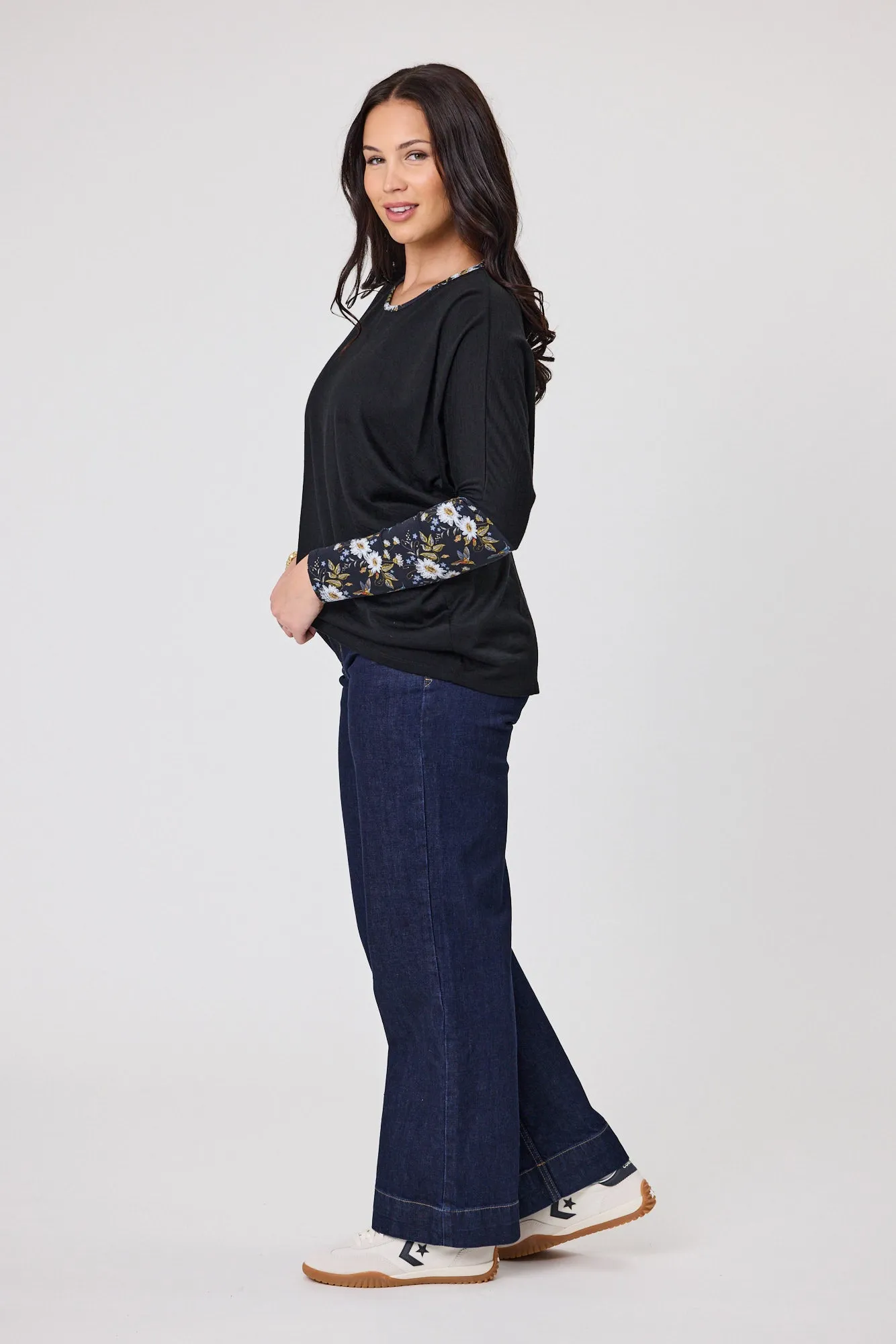 Alpine by Shine On Lyon Merino Hilo Top Black with Floral Print Sleeves