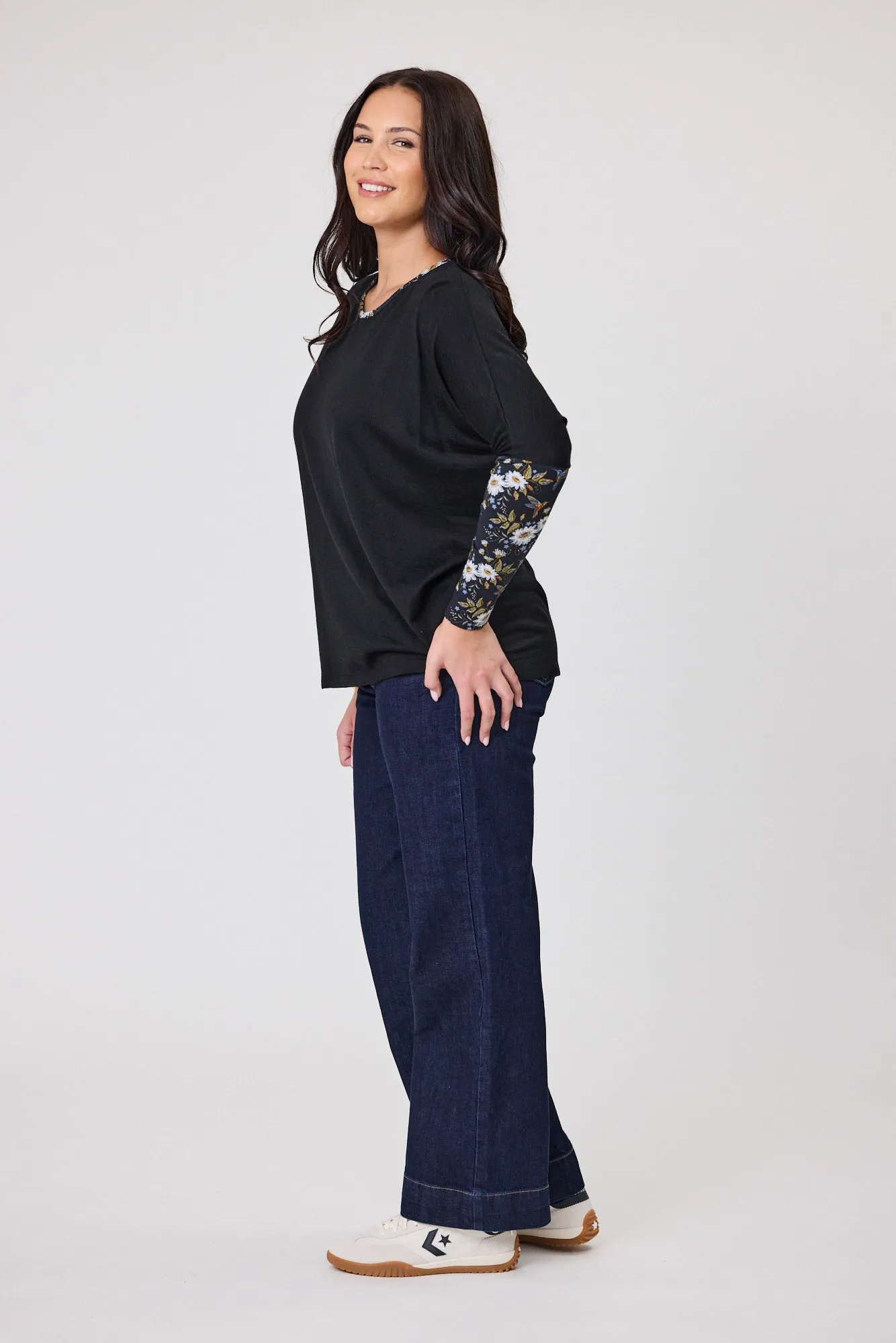 Alpine by Shine On Lyon Merino Hilo Top Black with Floral Print Sleeves