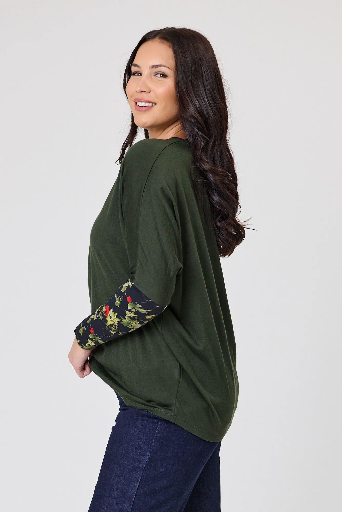 Alpine by Shine On Lyon Merino Hilo Top Olive with Floral Print Sleeves
