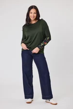 Alpine by Shine On Lyon Merino Hilo Top Olive with Floral Print Sleeves