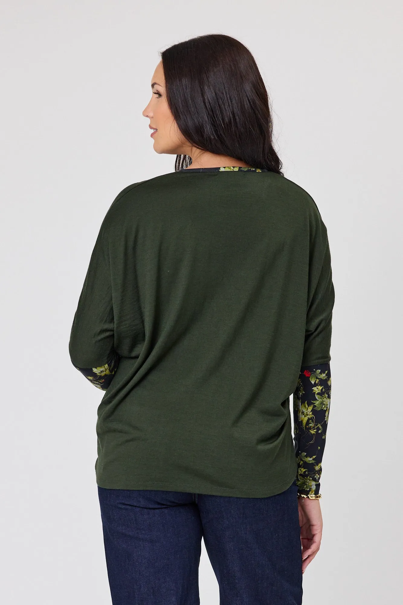 Alpine by Shine On Lyon Merino Hilo Top Olive with Floral Print Sleeves