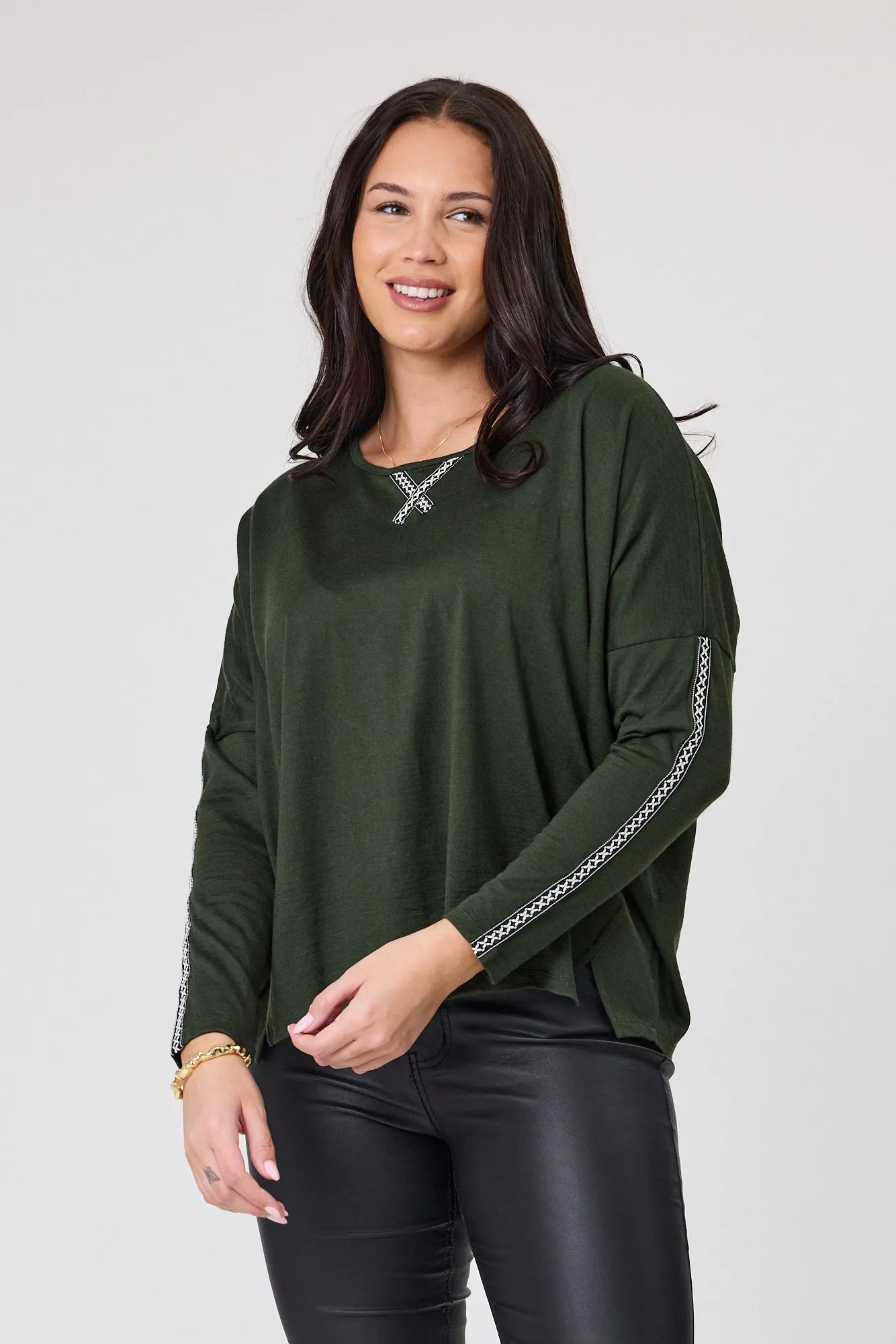 Alpine by Shine On Regina Cross Trim Merino Top Olive