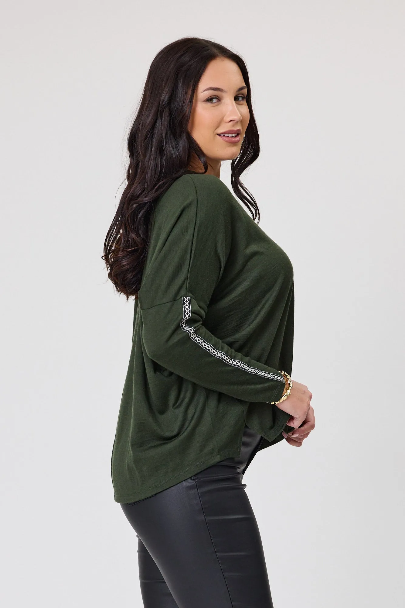 Alpine by Shine On Regina Cross Trim Merino Top Olive