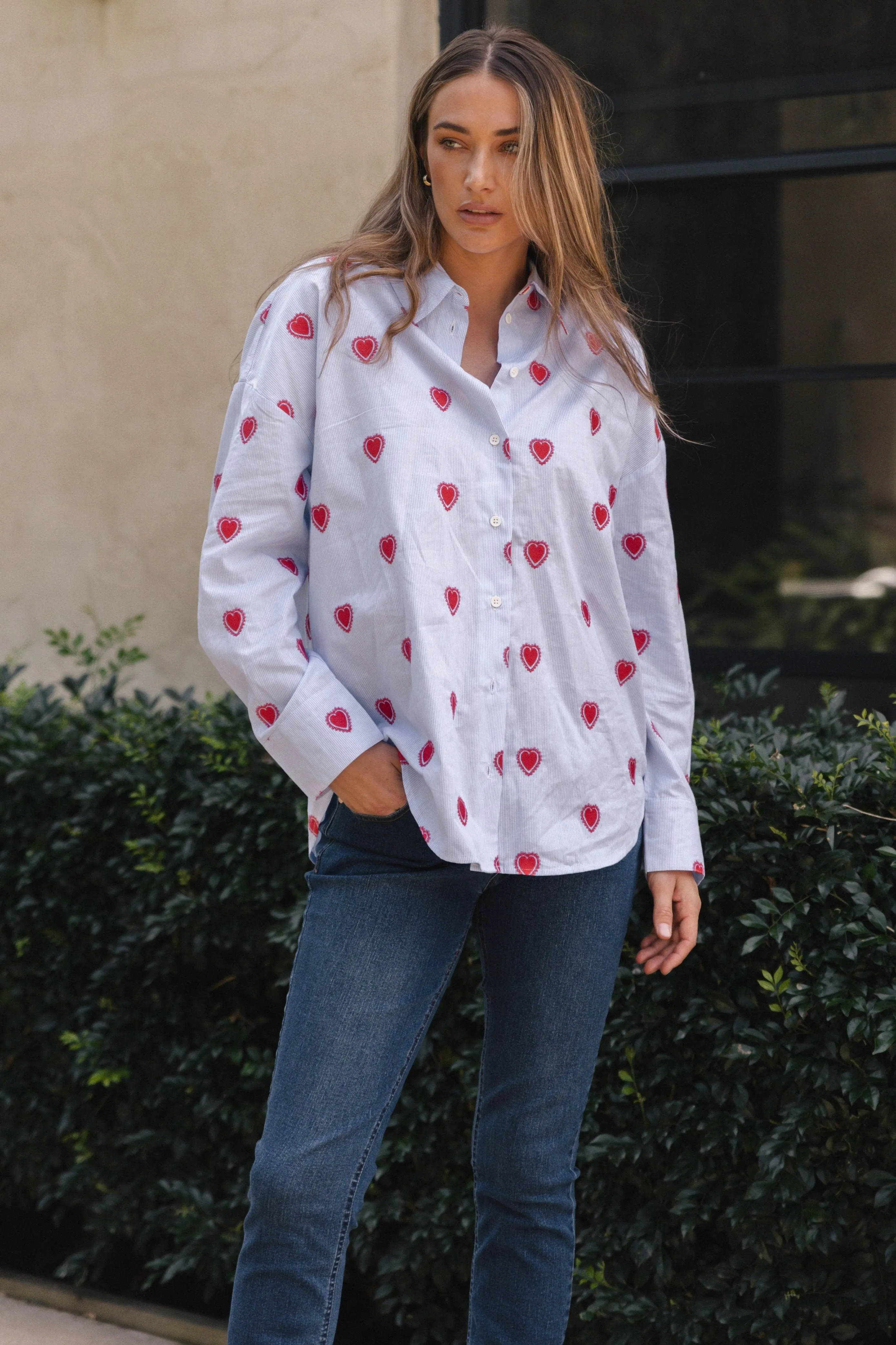 Betty Basics Sage Shirt Blue Heart Stripe