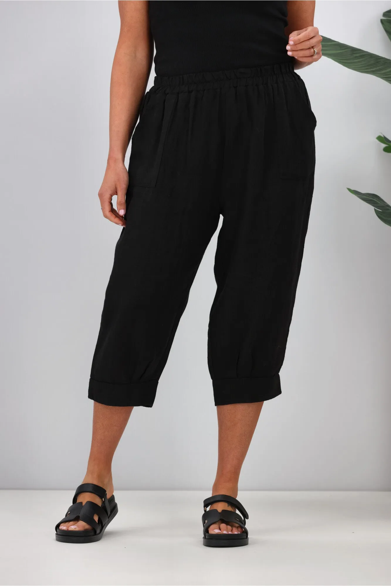 Cali & Co Linen Pant 3/4 Length Black