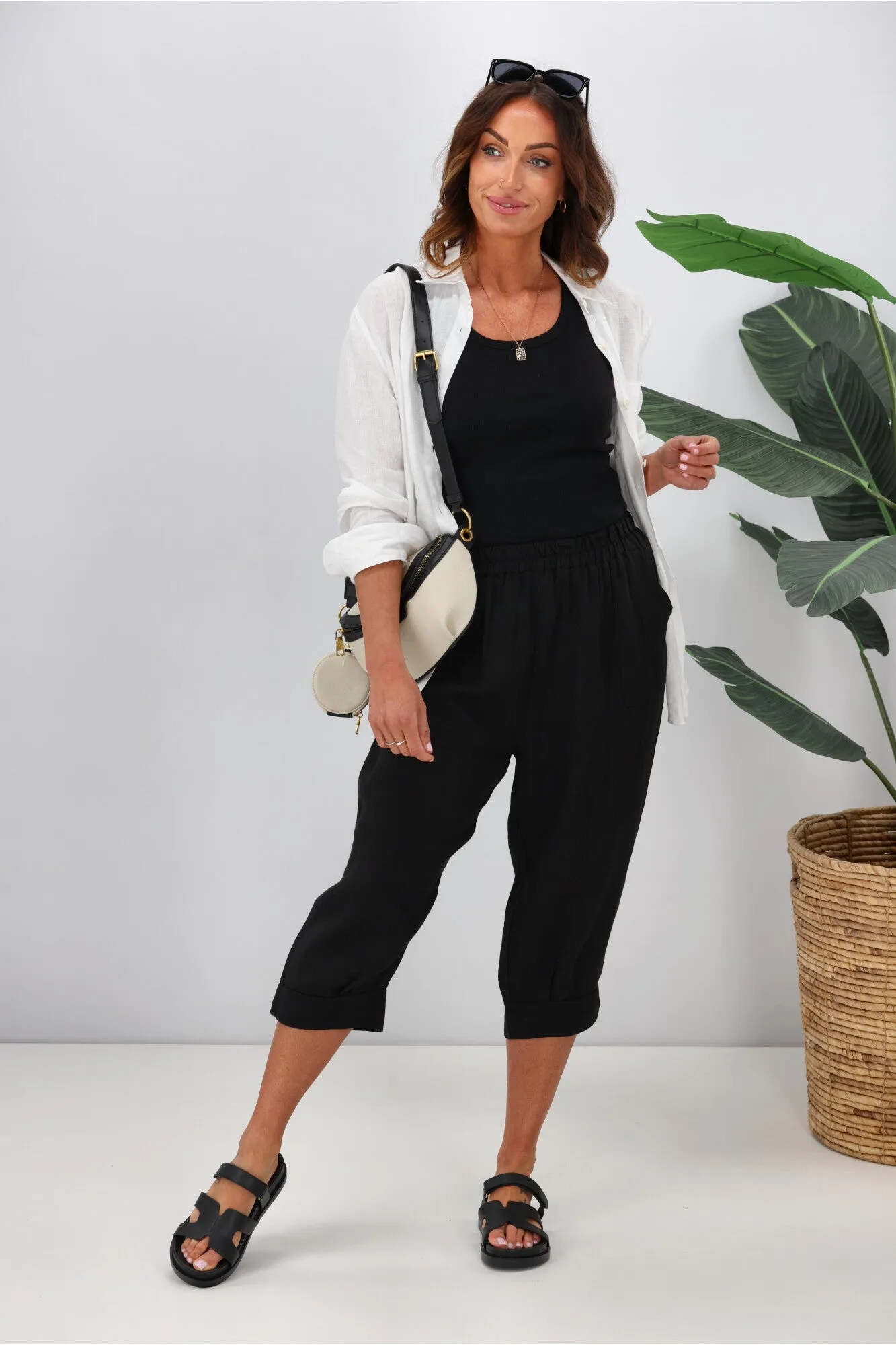 Cali & Co Linen Pant 3/4 Length Black
