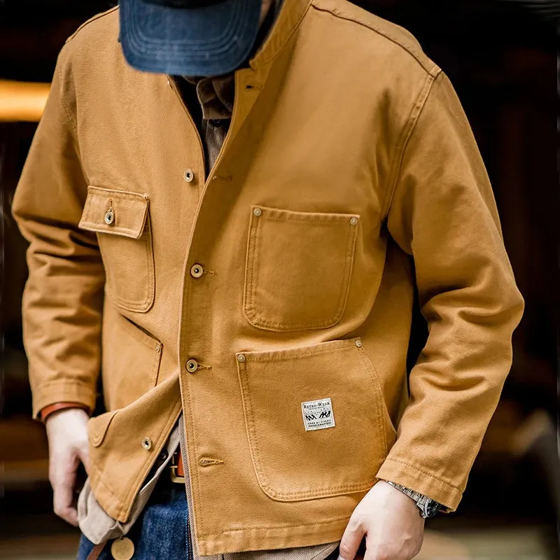 Canvas Jacket Multi Pocket Khaki Lapel Thin Coat