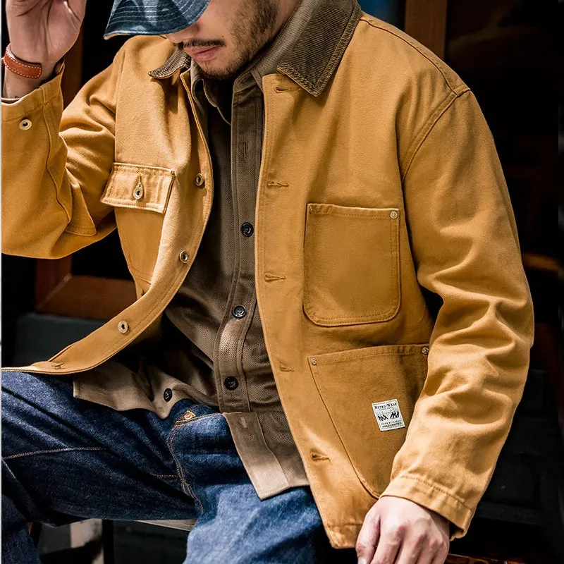 Canvas Jacket Multi Pocket Khaki Lapel Thin Coat