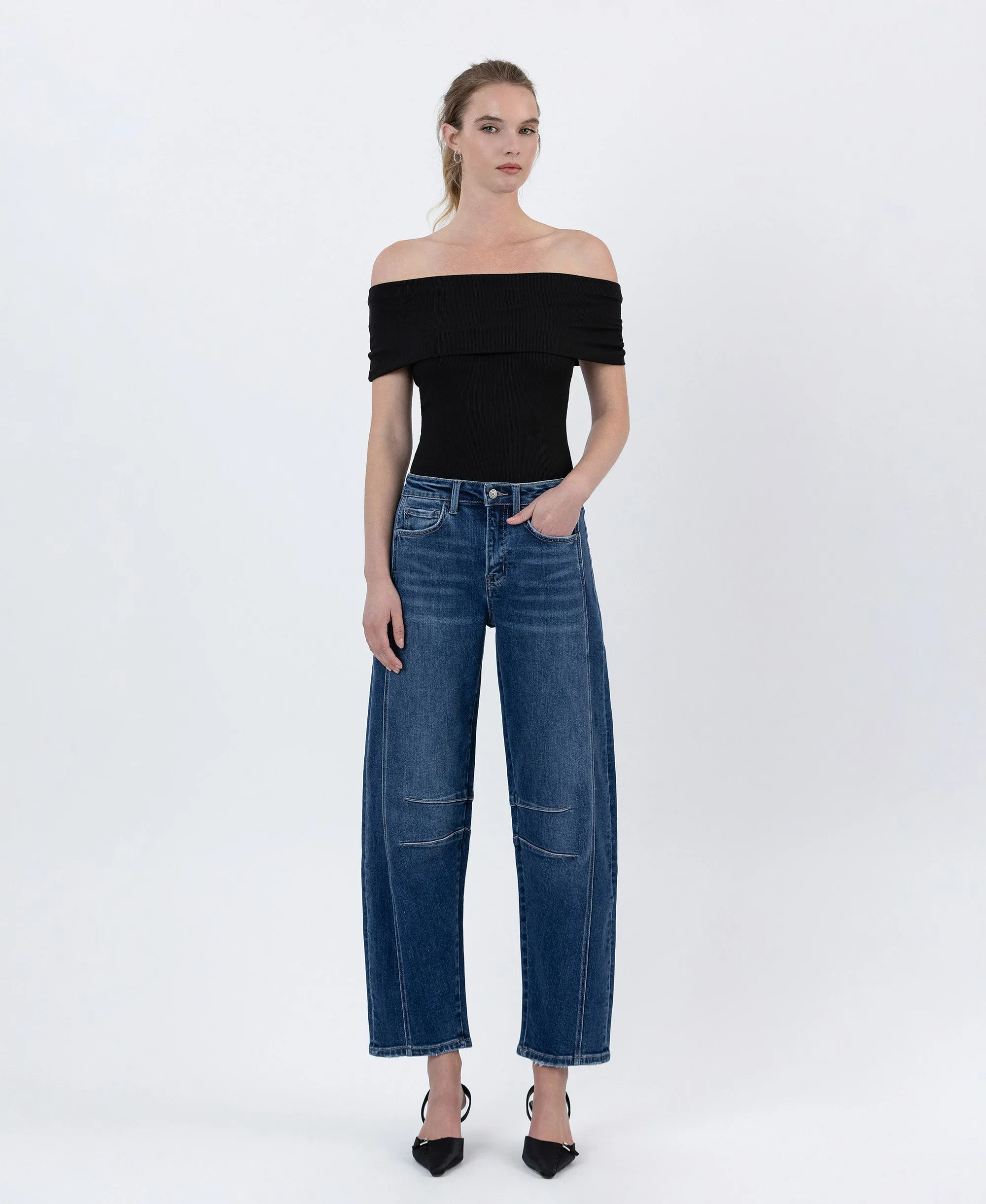 Dark Wash - High Rise Barrel Leg Jeans