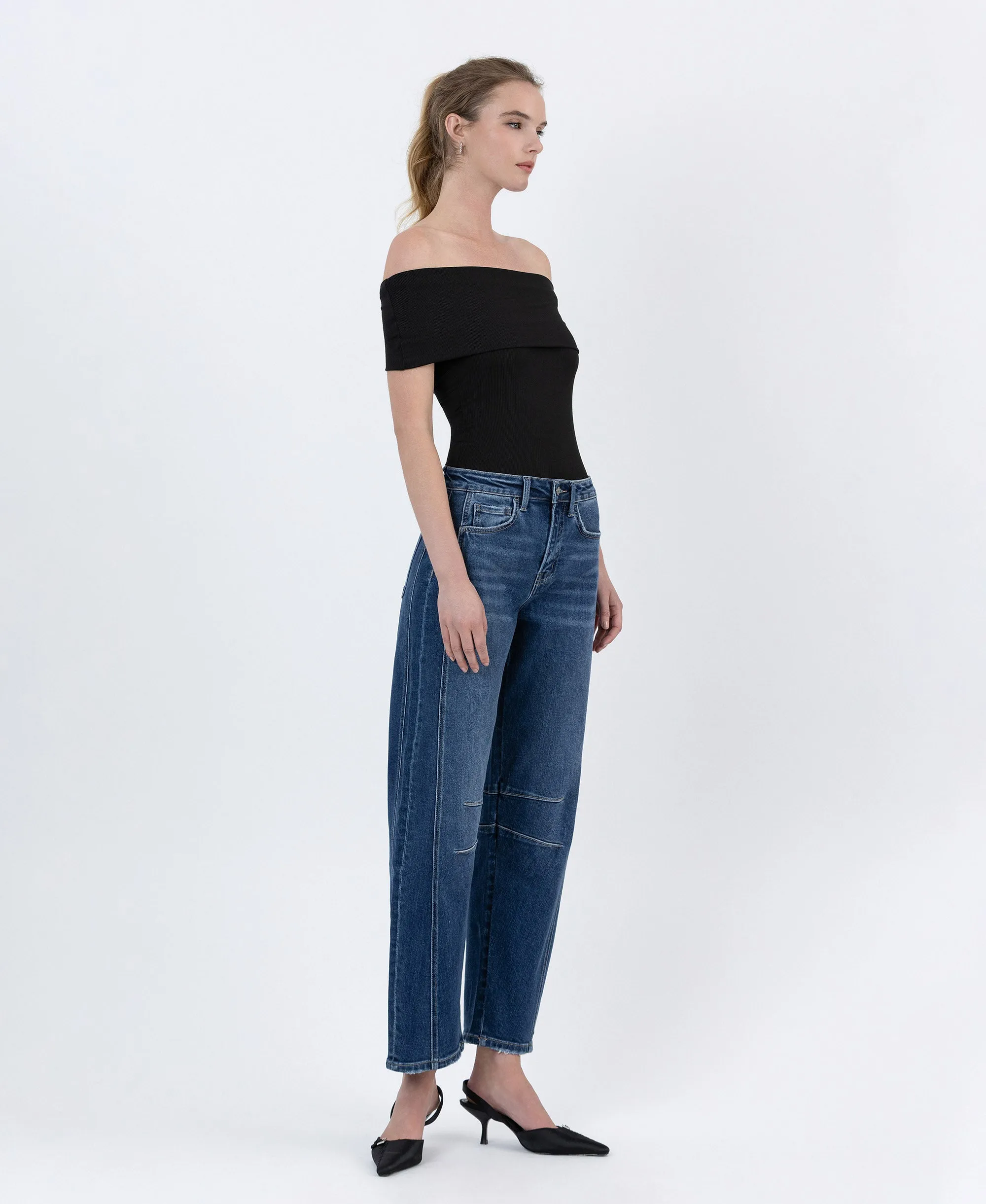 Dark Wash - High Rise Barrel Leg Jeans