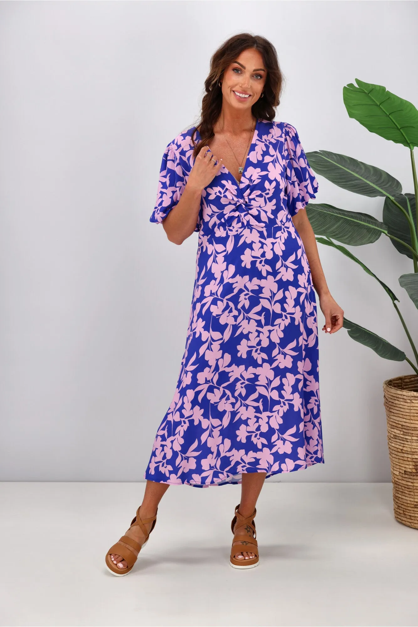 Gloss by Shine On Thora Knot Front Dress Blue Pink Leaf Print