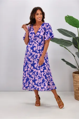 Gloss by Shine On Thora Knot Front Dress Blue Pink Leaf Print