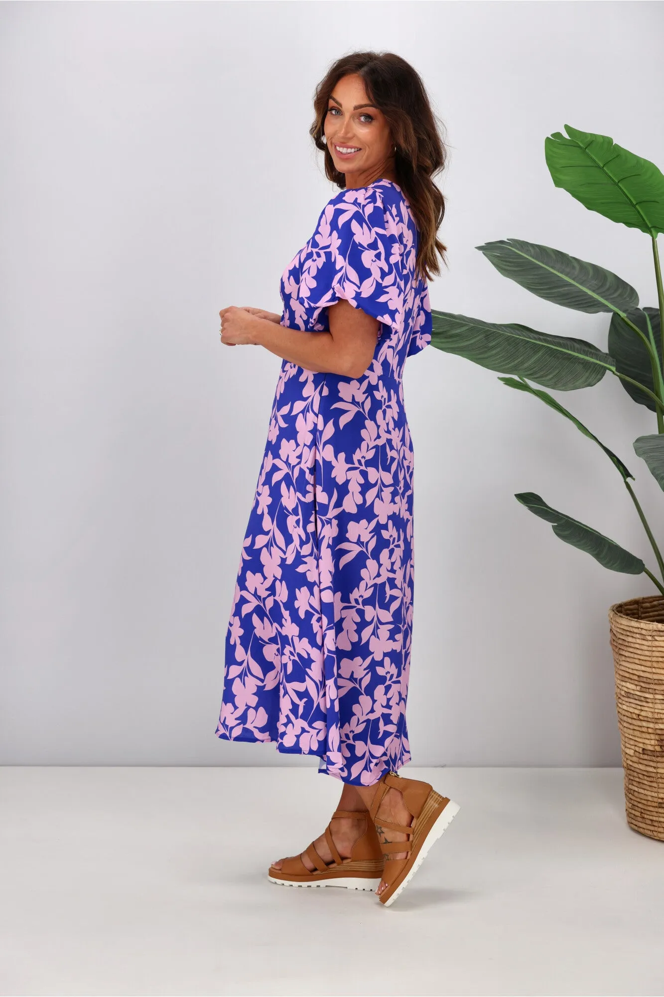 Gloss by Shine On Thora Knot Front Dress Blue Pink Leaf Print