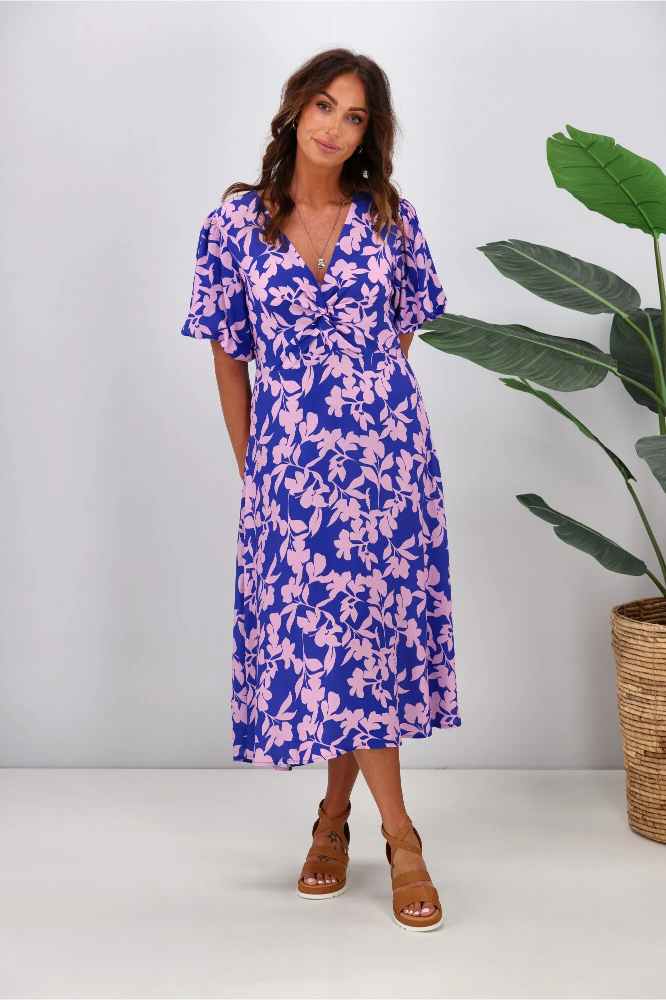 Gloss by Shine On Thora Knot Front Dress Blue Pink Leaf Print