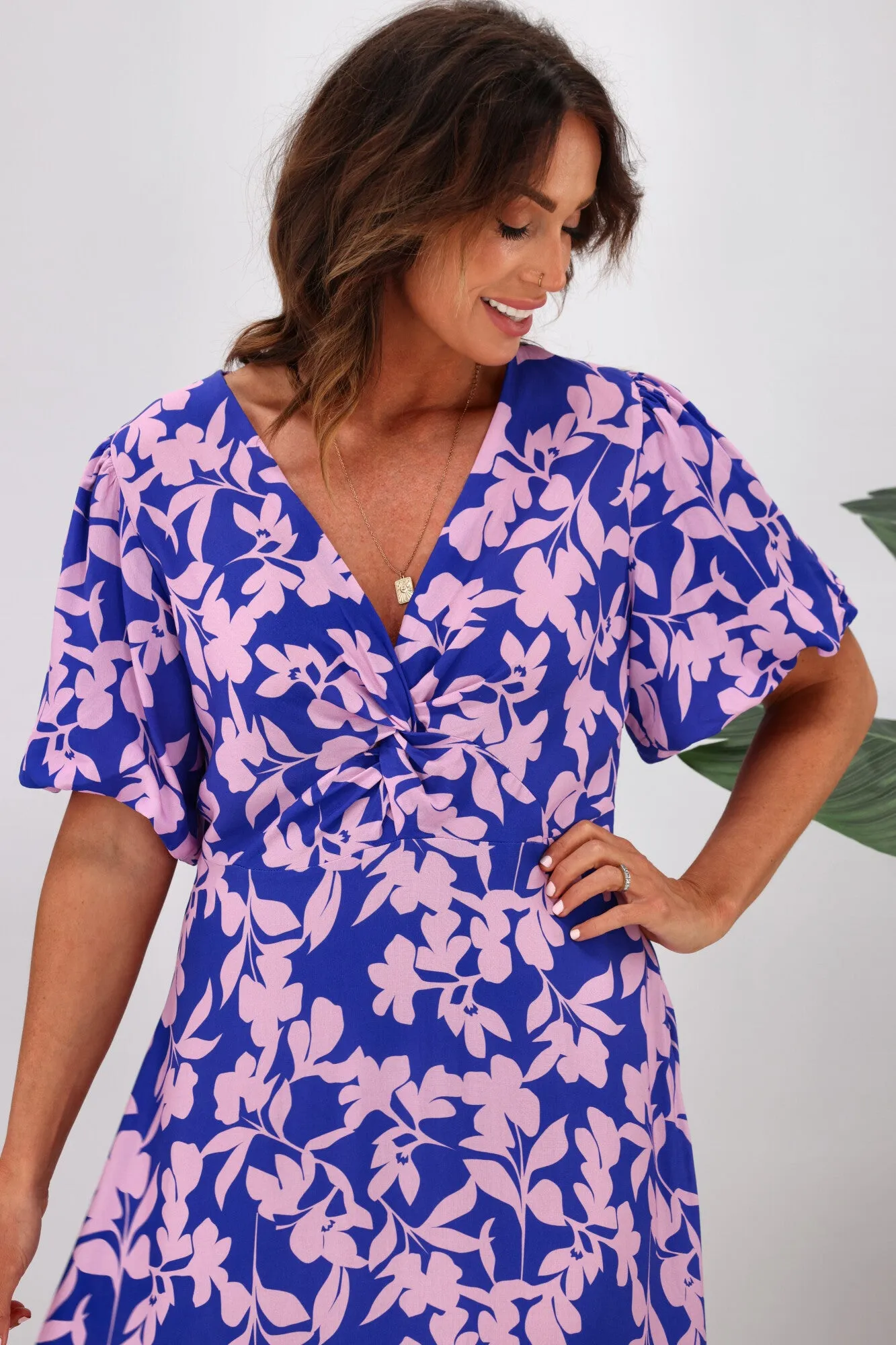 Gloss by Shine On Thora Knot Front Dress Blue Pink Leaf Print