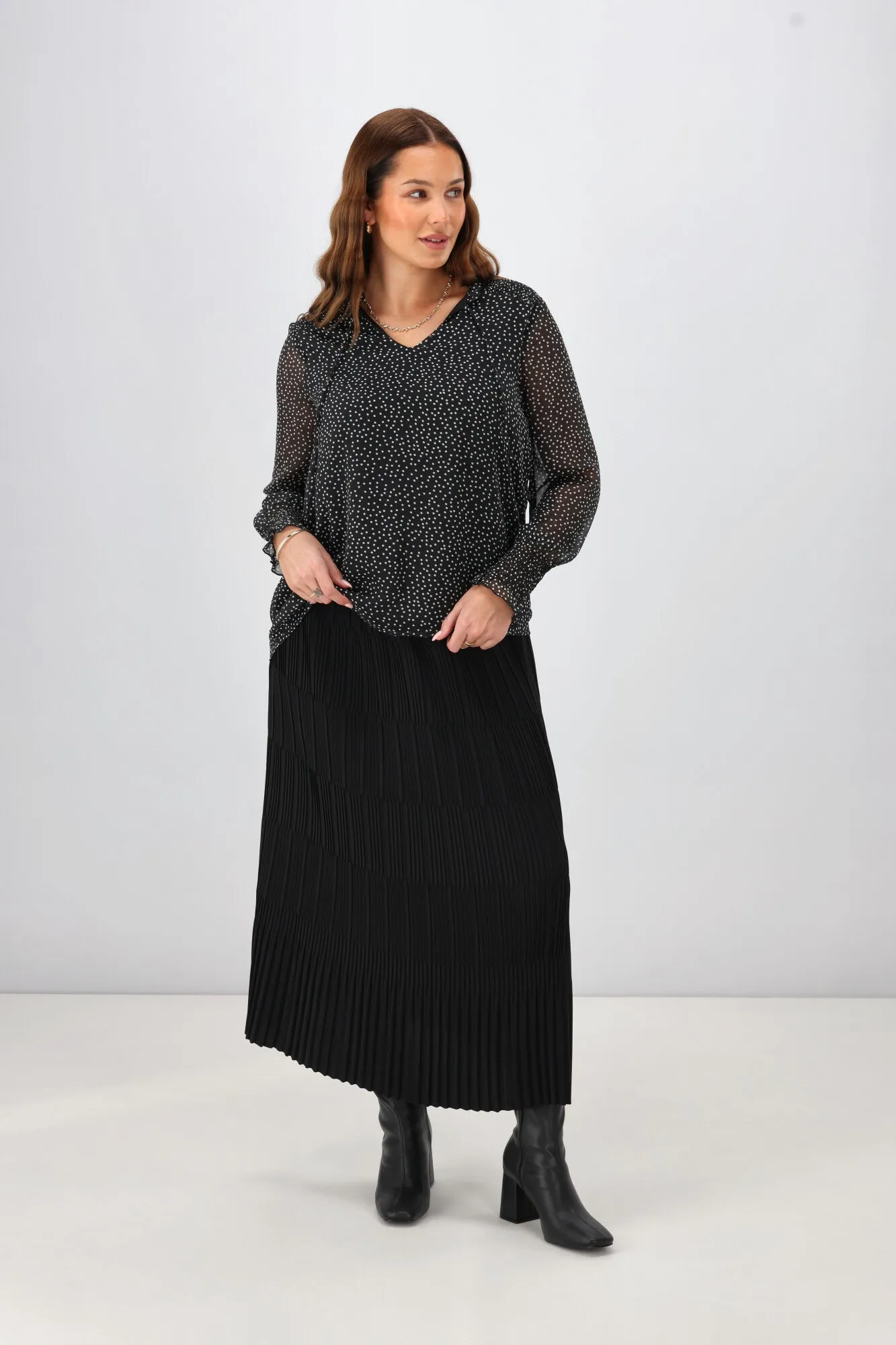 Gloss The Label Rosalia Shirred Bodice Top Black Spot