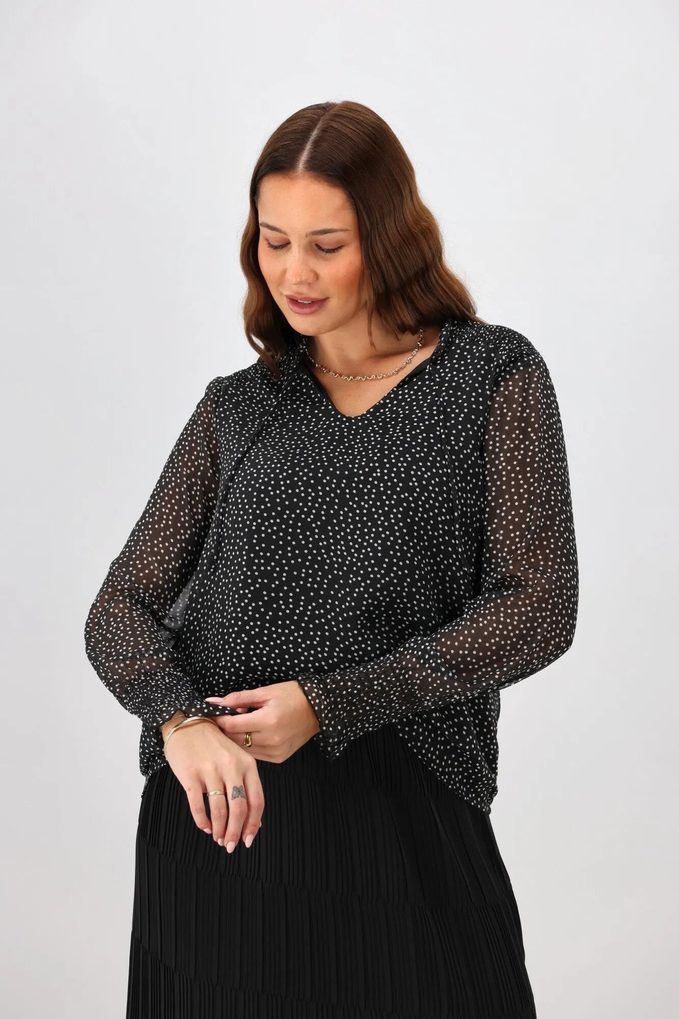 Gloss The Label Rosalia Shirred Bodice Top Black Spot