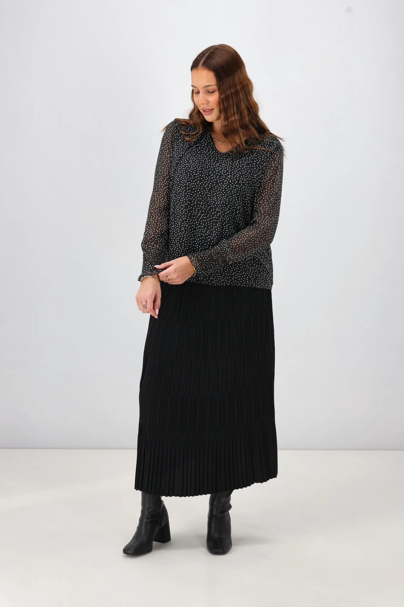 Gloss The Label Rosalia Shirred Bodice Top Black Spot