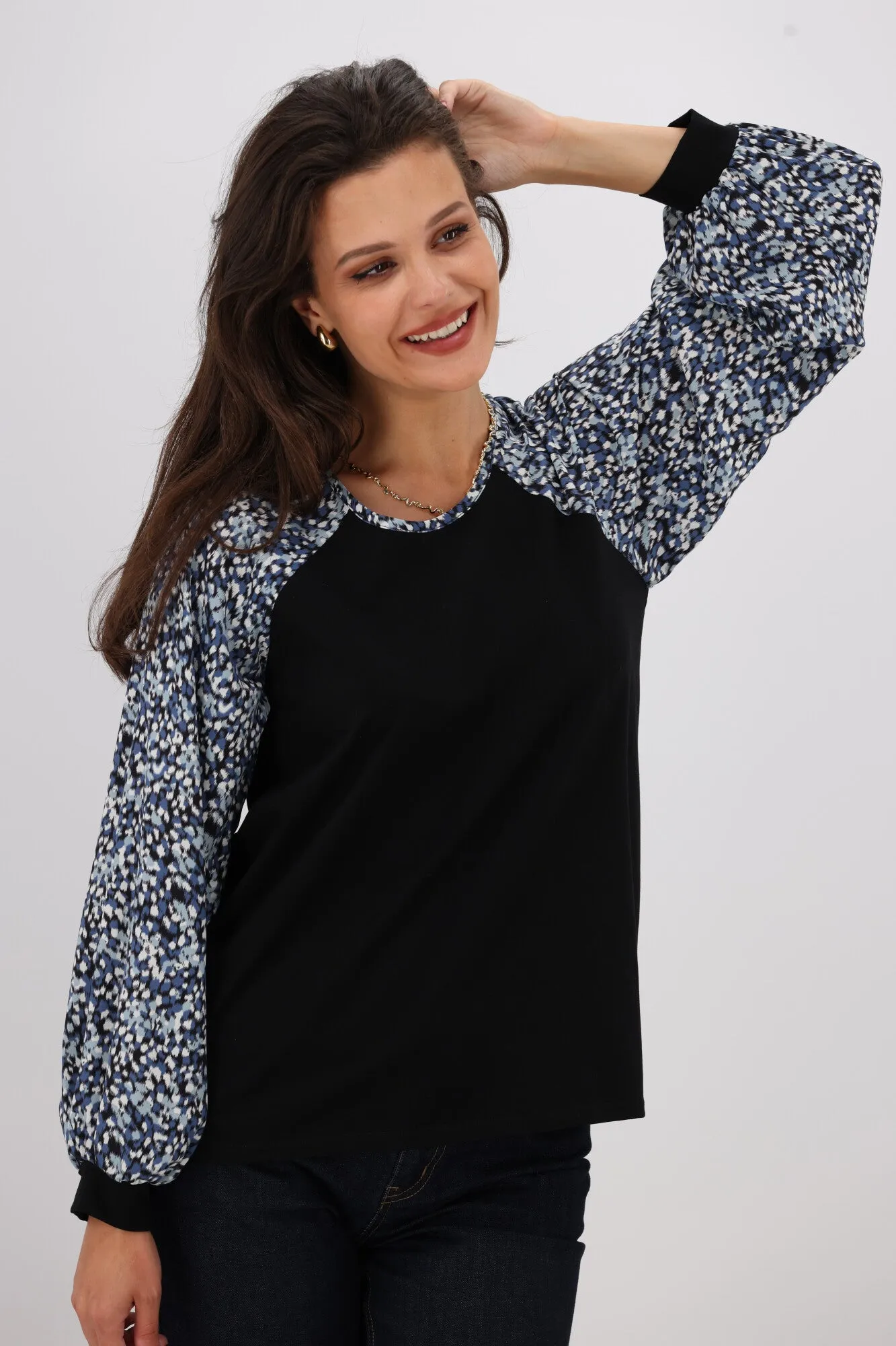 Gloss The Label Sutton Balloon Sleeve Top Ink Speckle Print