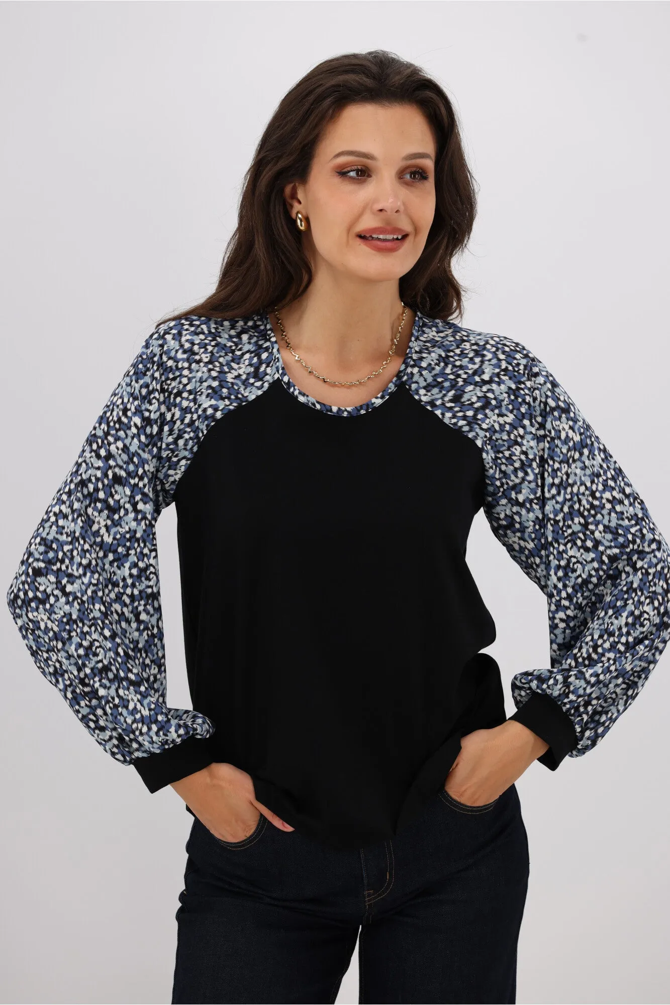 Gloss The Label Sutton Balloon Sleeve Top Ink Speckle Print