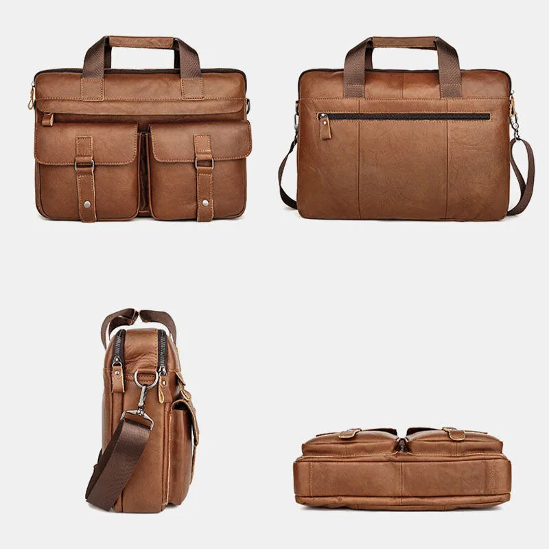 Men Cowhide Super Large Capacity Multi-pocket Crossbody Bags Briefcase Retro 14 Inch Laptop Bags Messenger Bag Handbag Shoulder Bag
