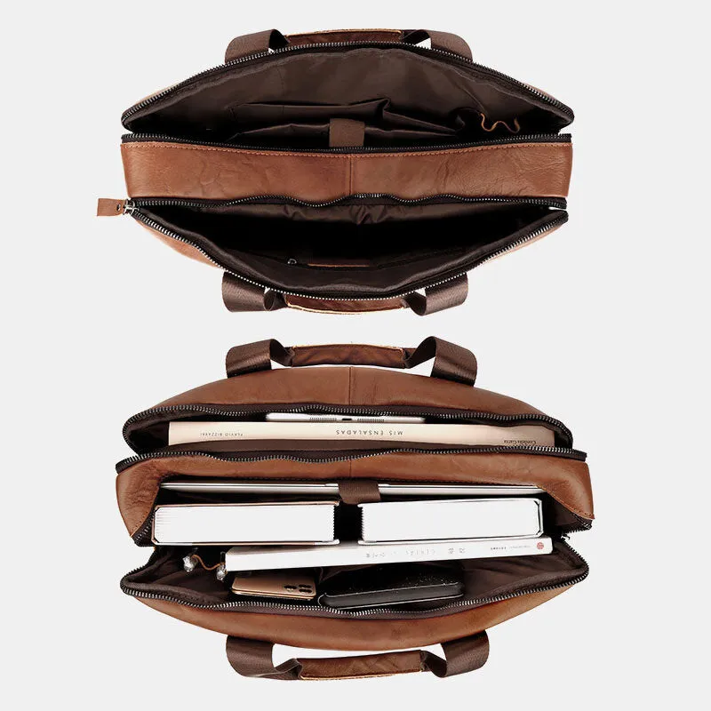 Men Cowhide Super Large Capacity Multi-pocket Crossbody Bags Briefcase Retro 14 Inch Laptop Bags Messenger Bag Handbag Shoulder Bag