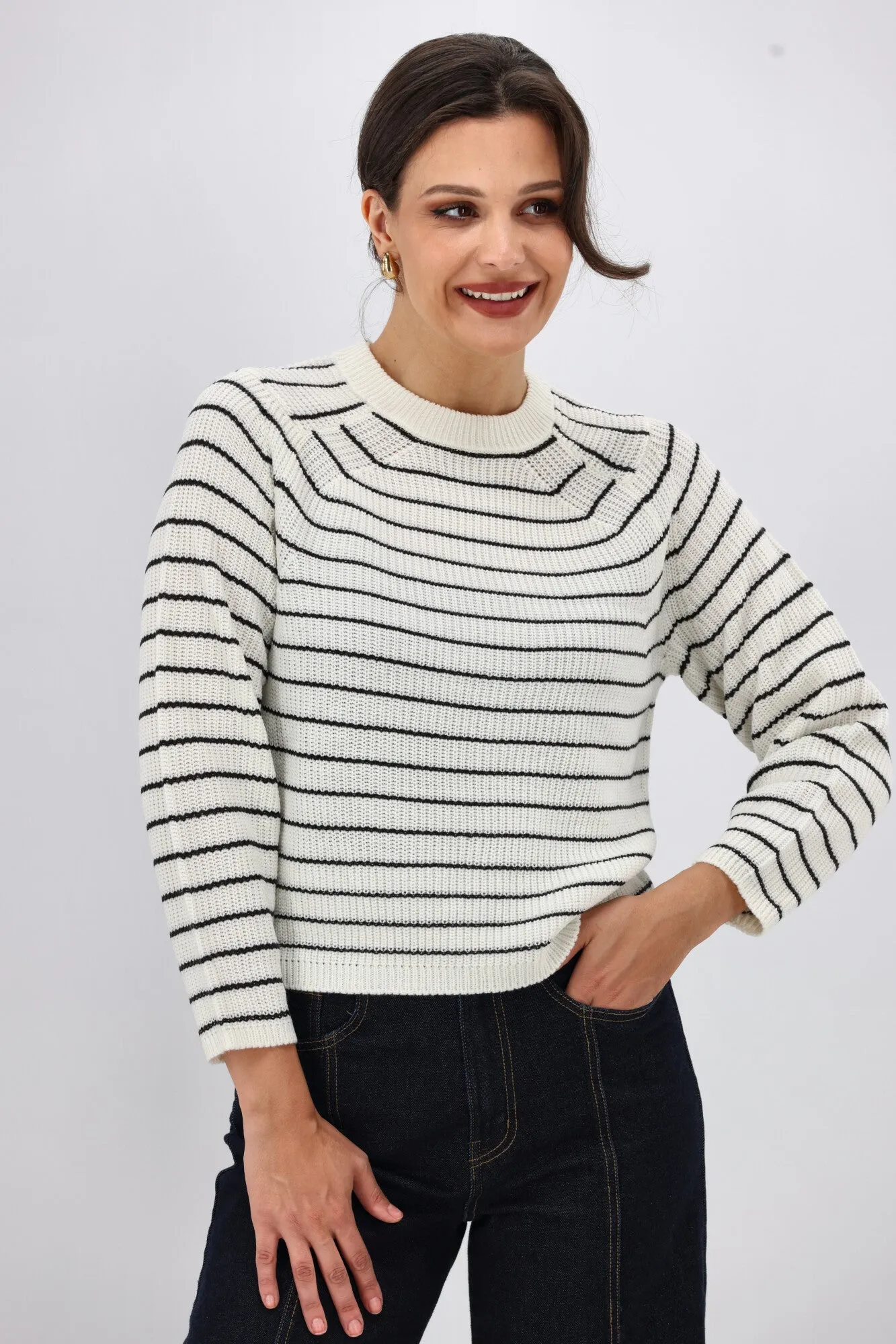 ONLY Base L/S O-Neck Pullover Knit Black White Stripes