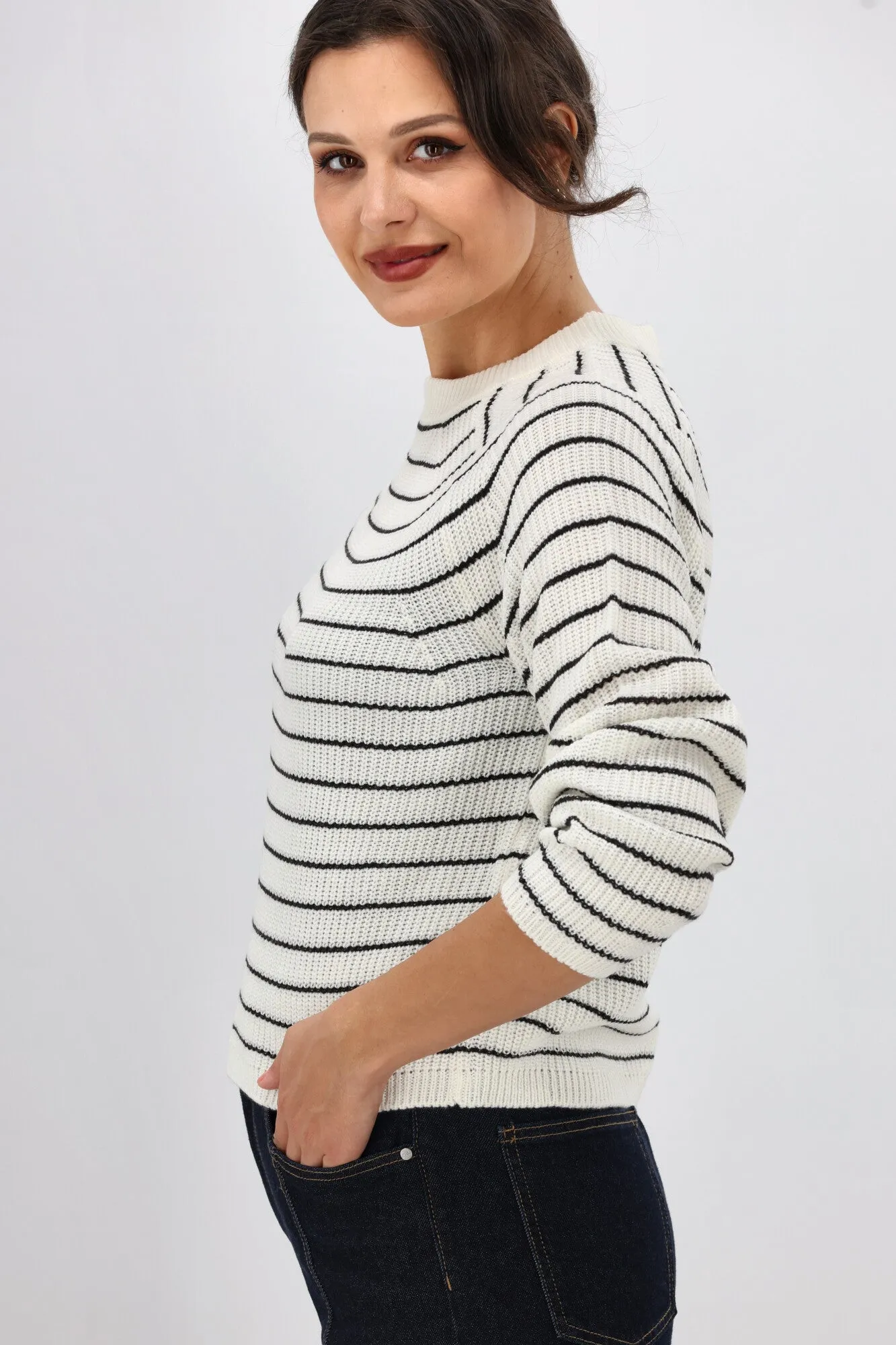 ONLY Base L/S O-Neck Pullover Knit Black White Stripes