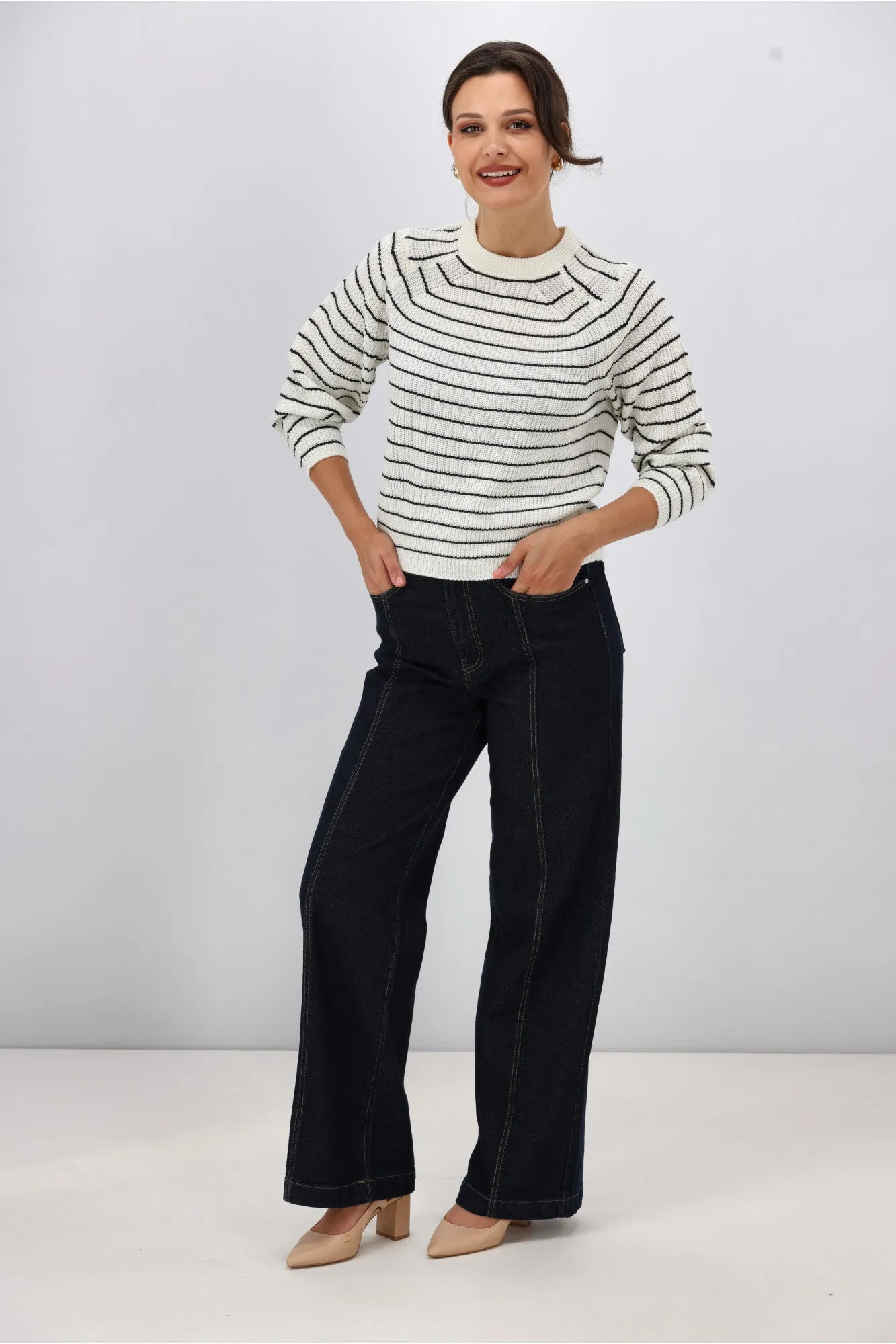 ONLY Base L/S O-Neck Pullover Knit Black White Stripes