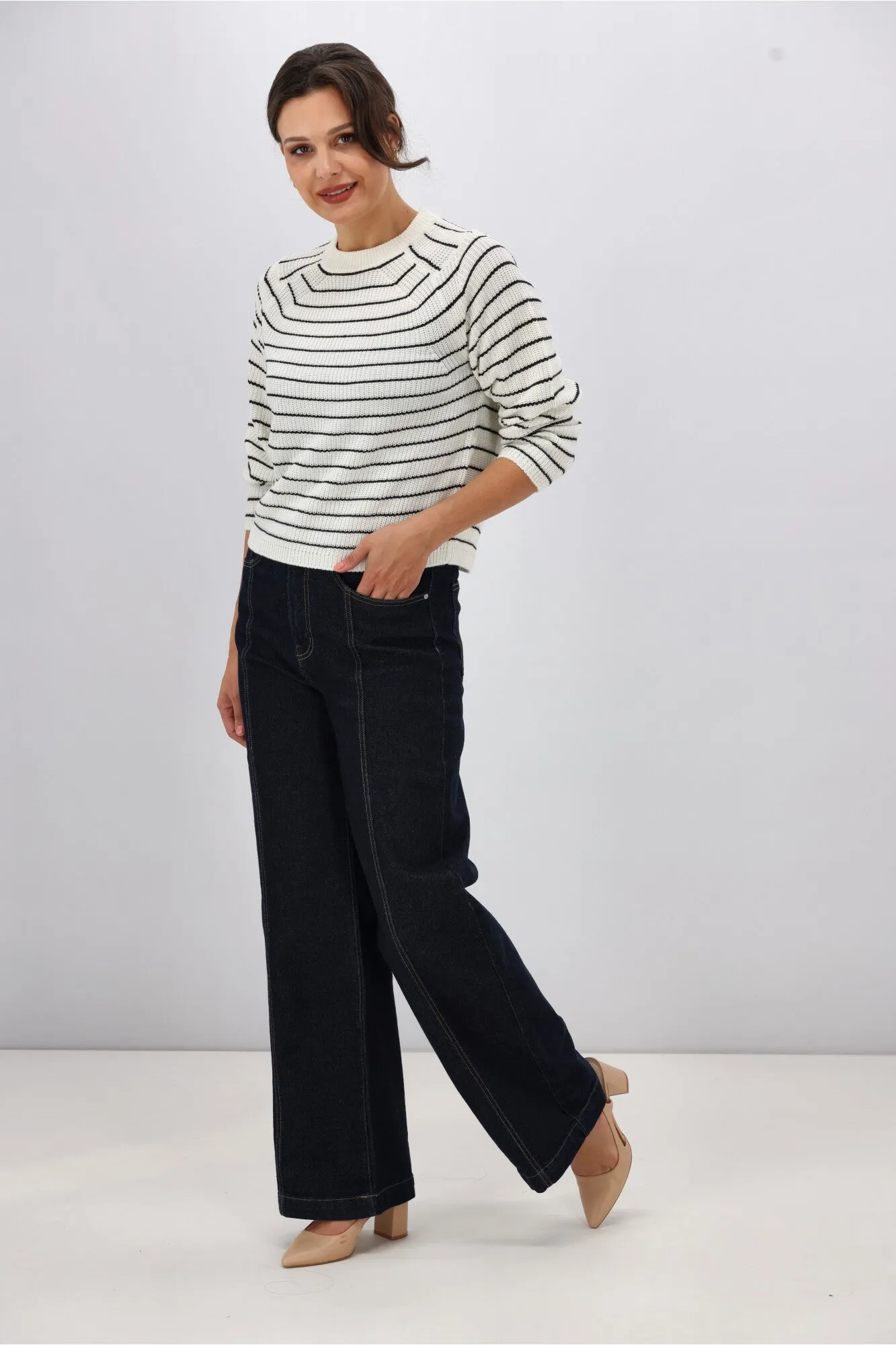 ONLY Base L/S O-Neck Pullover Knit Black White Stripes