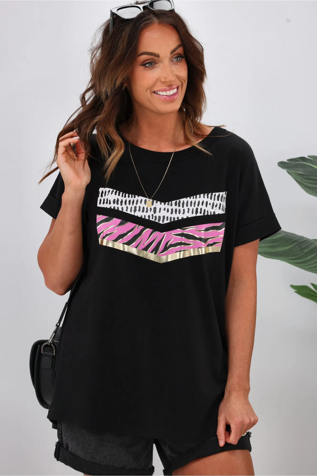 Rebel Club by Shine On Zebra Chevron Cap Sleeve Tee Jet Black