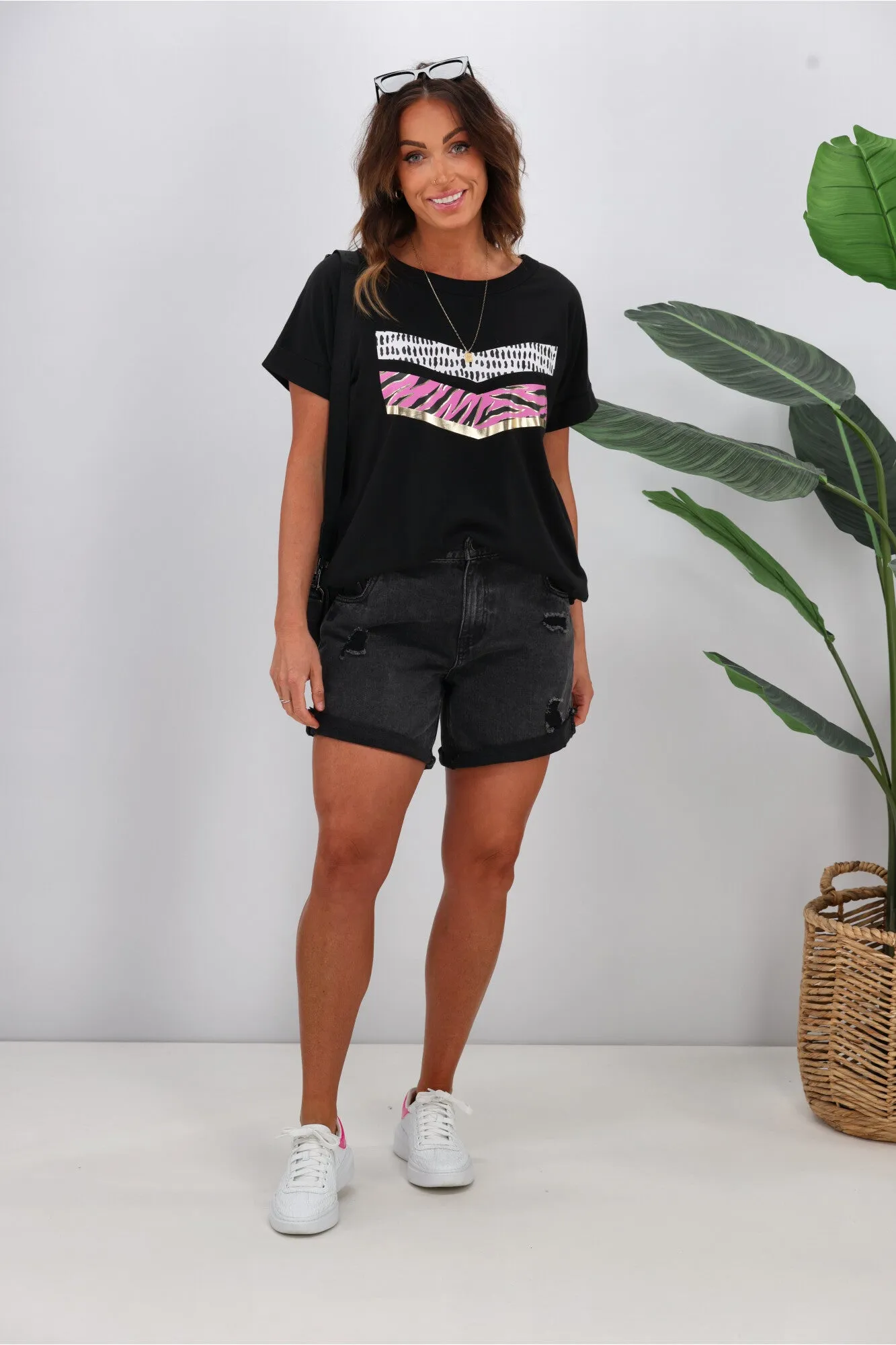 Rebel Club by Shine On Zebra Chevron Cap Sleeve Tee Jet Black