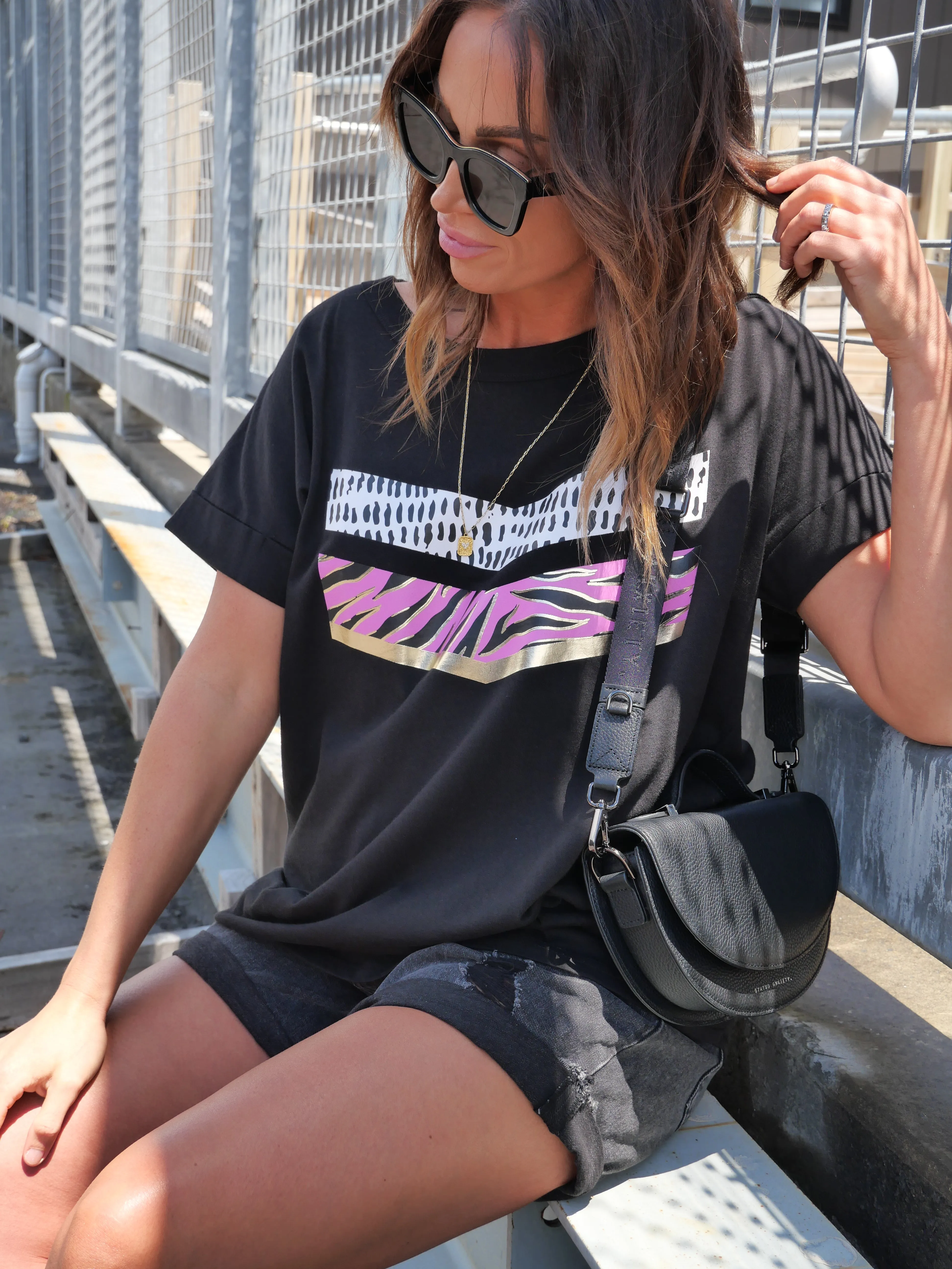 Rebel Club by Shine On Zebra Chevron Cap Sleeve Tee Jet Black