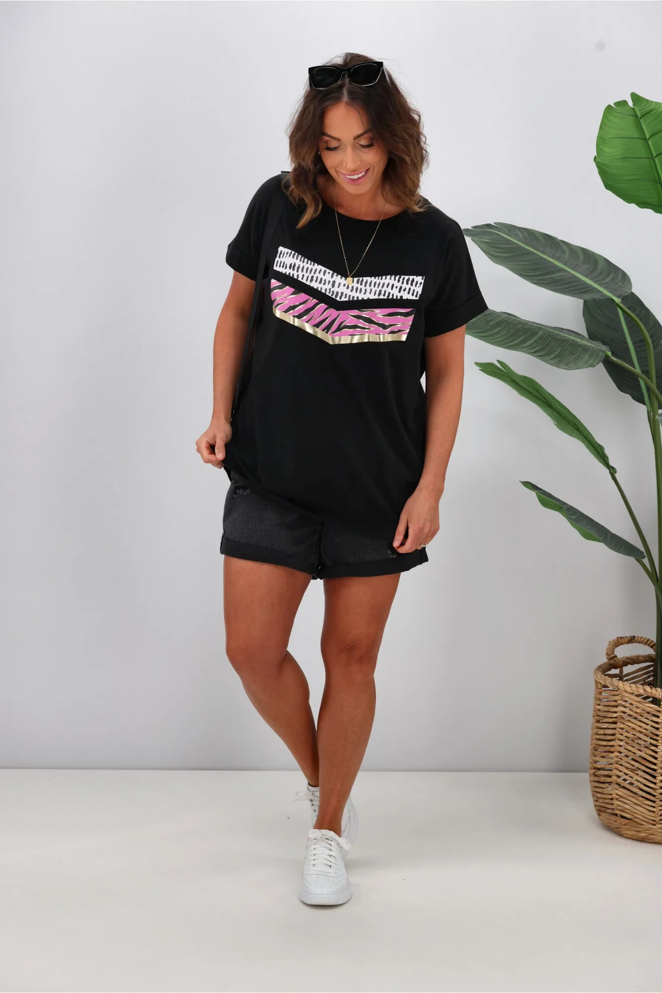 Rebel Club by Shine On Zebra Chevron Cap Sleeve Tee Jet Black