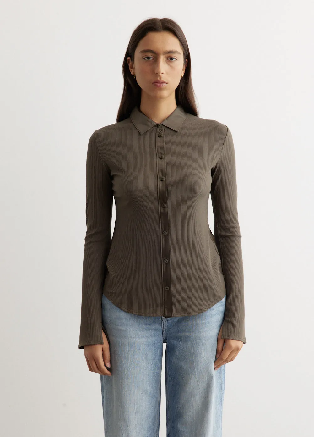 Ribbed Mix Media Button Down