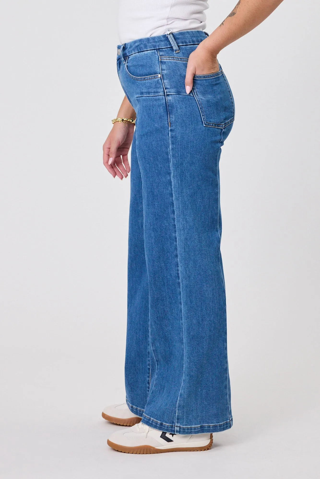 Shine On Label Alex Palazzo Seamed Denim Jean Washed Indigo
