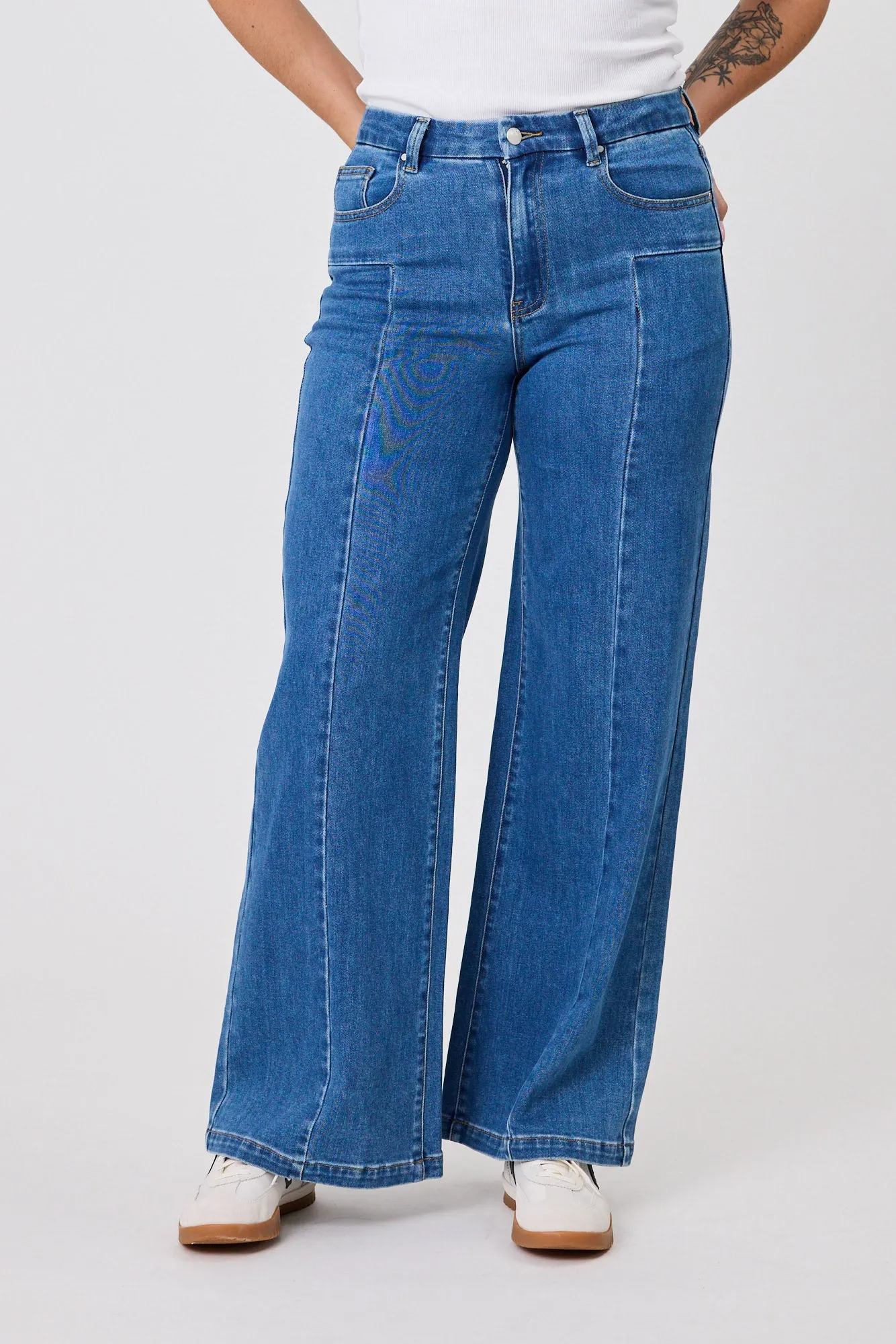 Shine On Label Alex Palazzo Seamed Denim Jean Washed Indigo