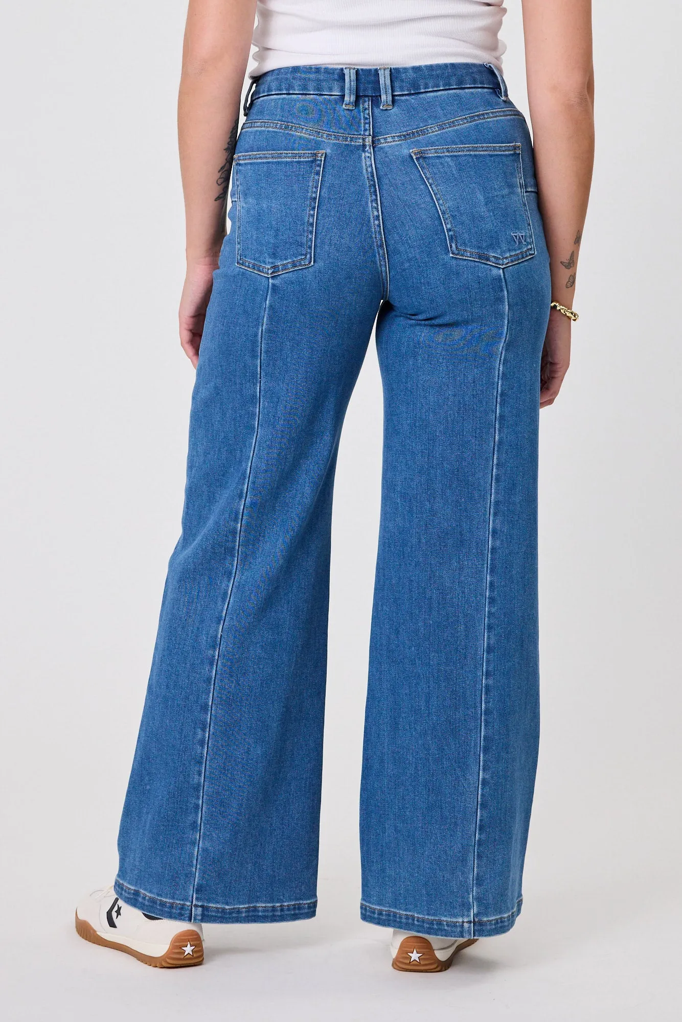 Shine On Label Alex Palazzo Seamed Denim Jean Washed Indigo