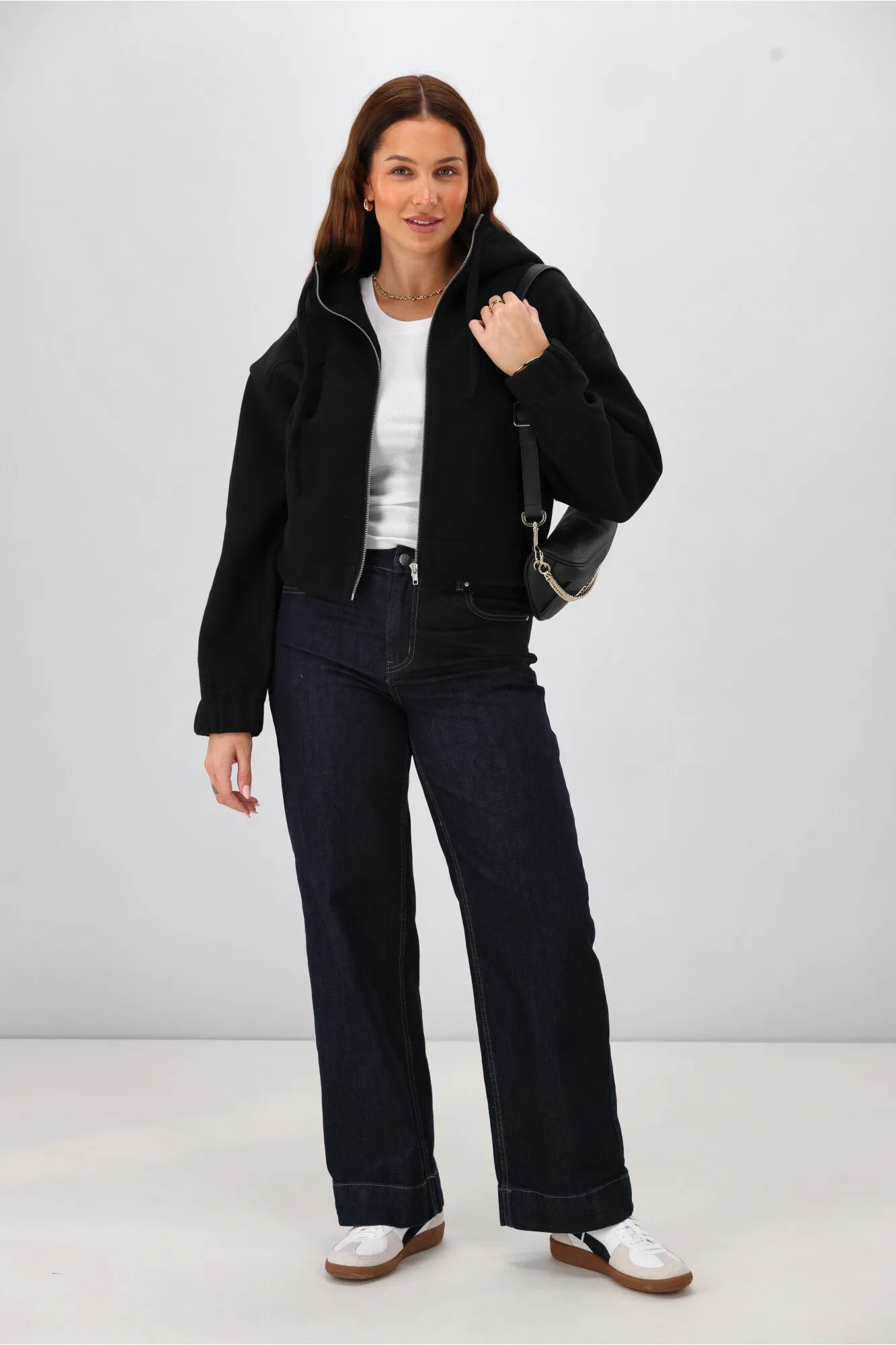 Shine On Label Metro Felt Hooded Bomber Jacket Black
