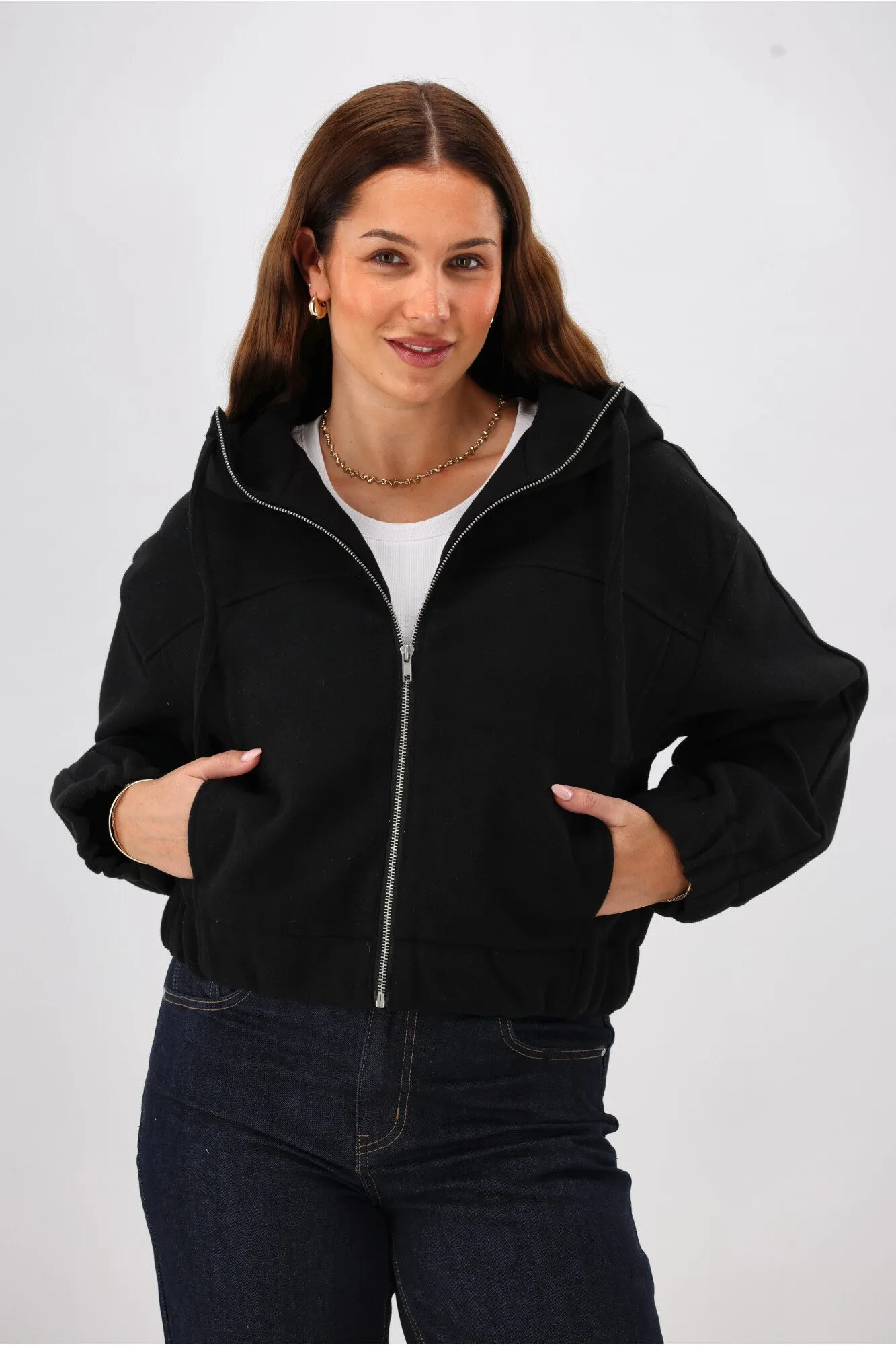 Shine On Label Metro Felt Hooded Bomber Jacket Black