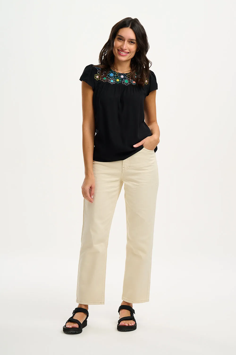 Sugarhill Brook Tunic Top Rainbow Flowers Black