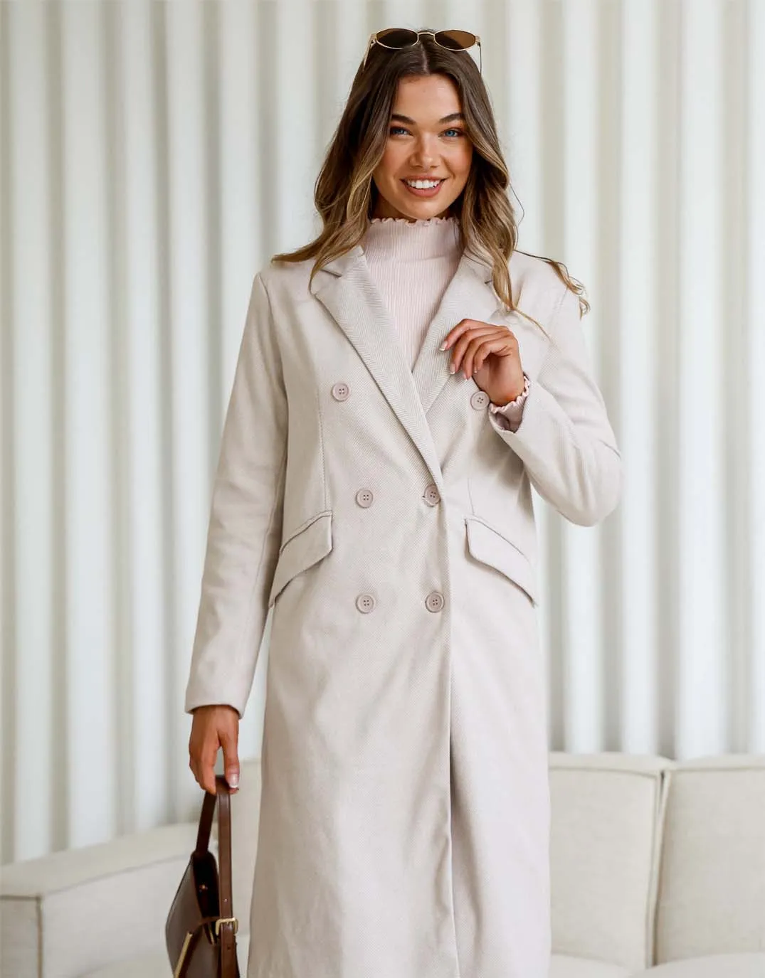 Waldorf Herringbone Double Breasted Coat - Latte