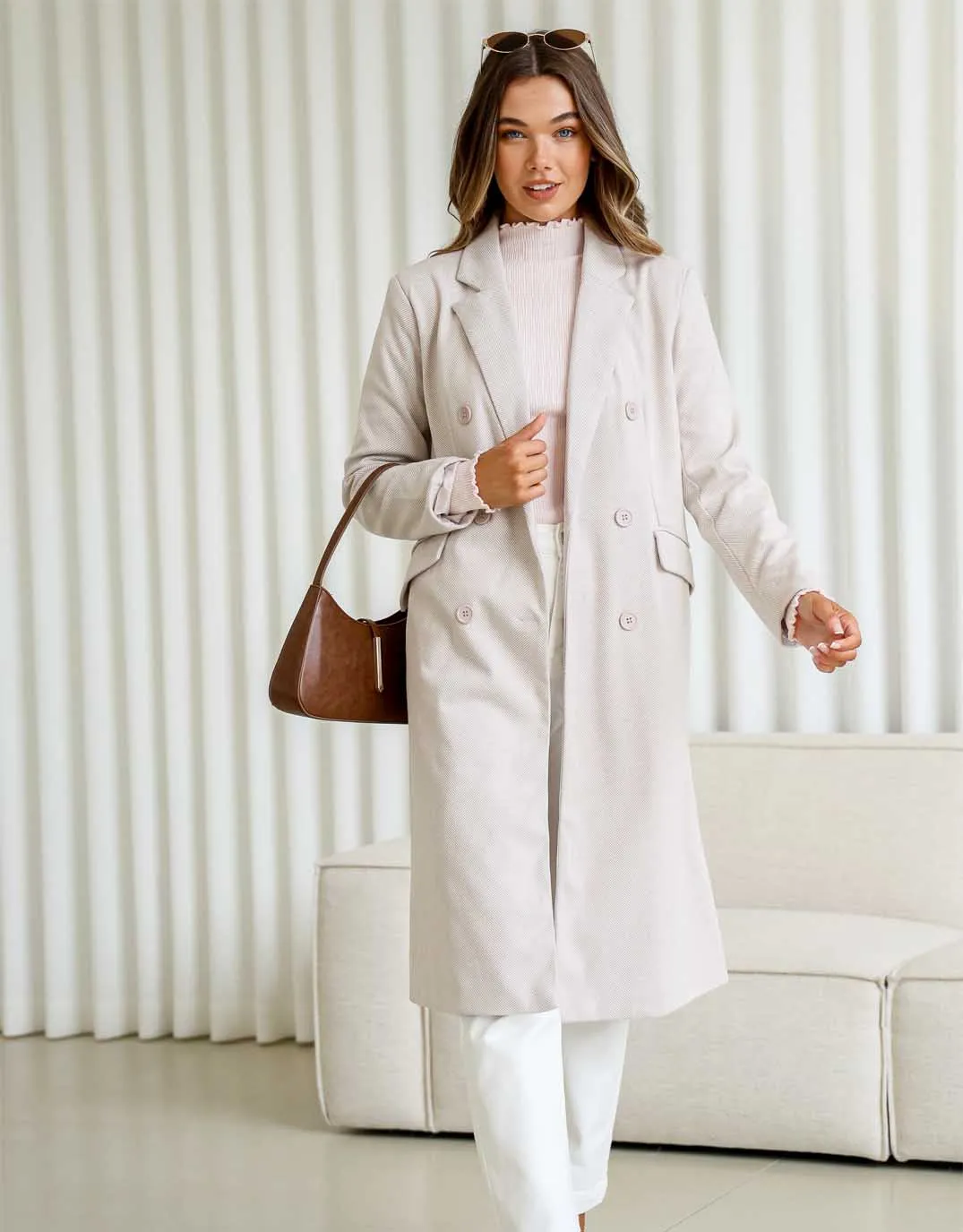 Waldorf Herringbone Double Breasted Coat - Latte