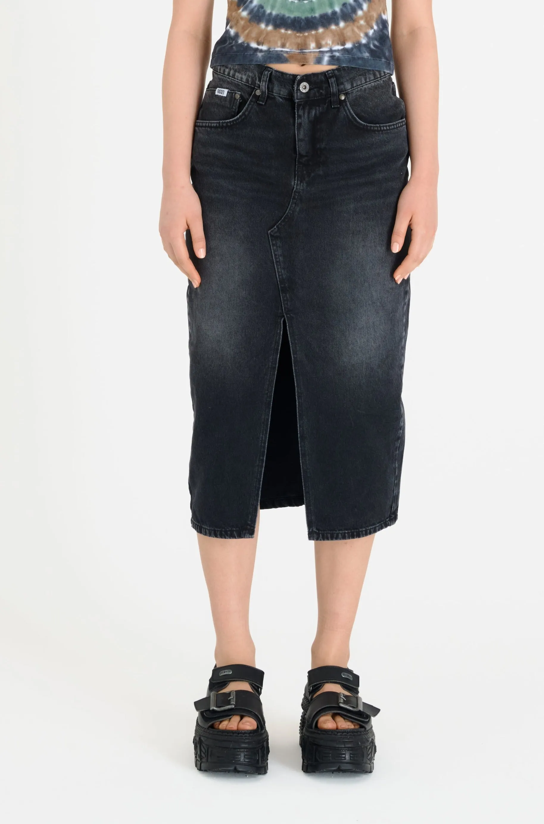 Washed Black Denim Midi Skirt Black