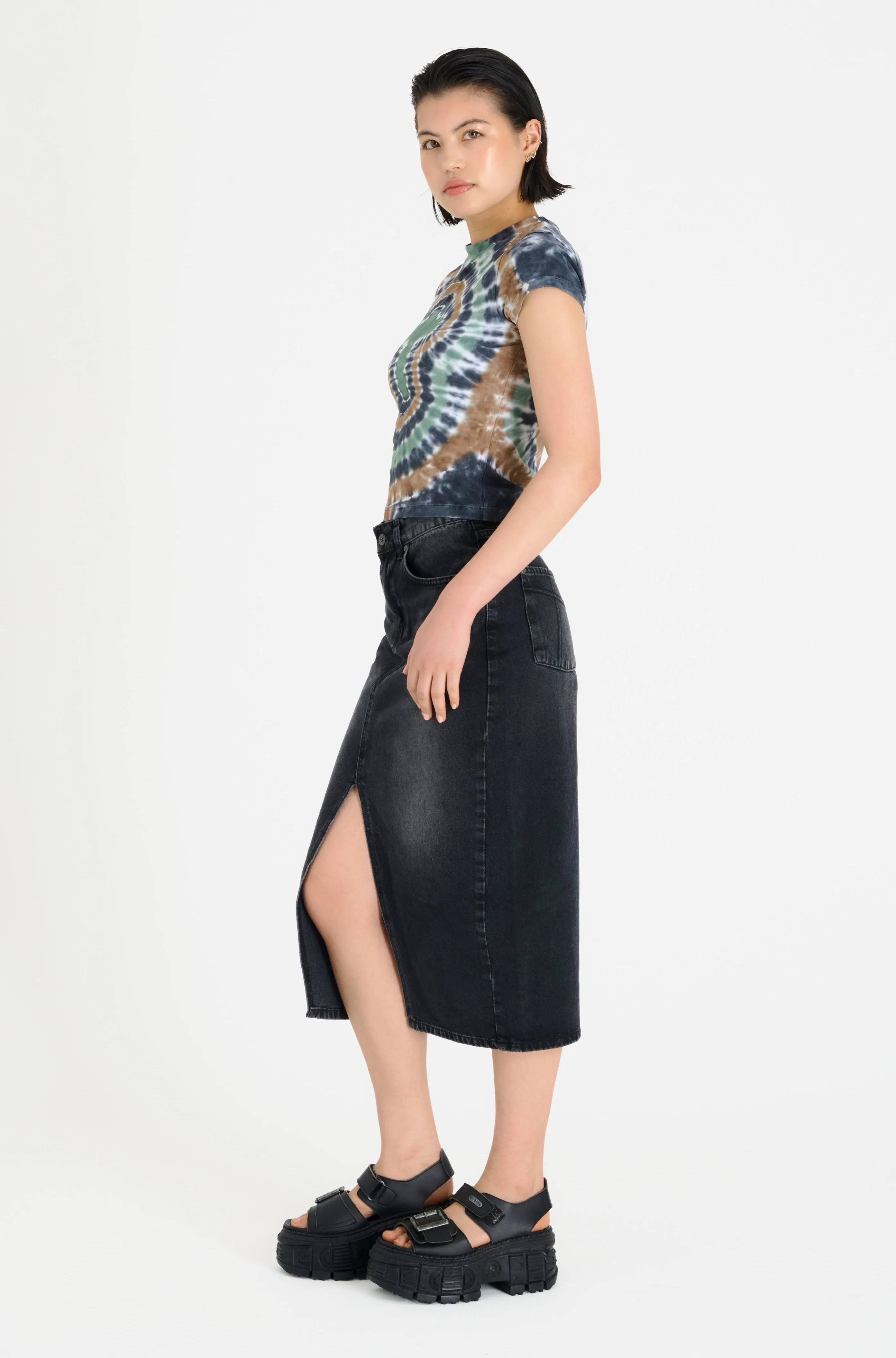 Washed Black Denim Midi Skirt Black